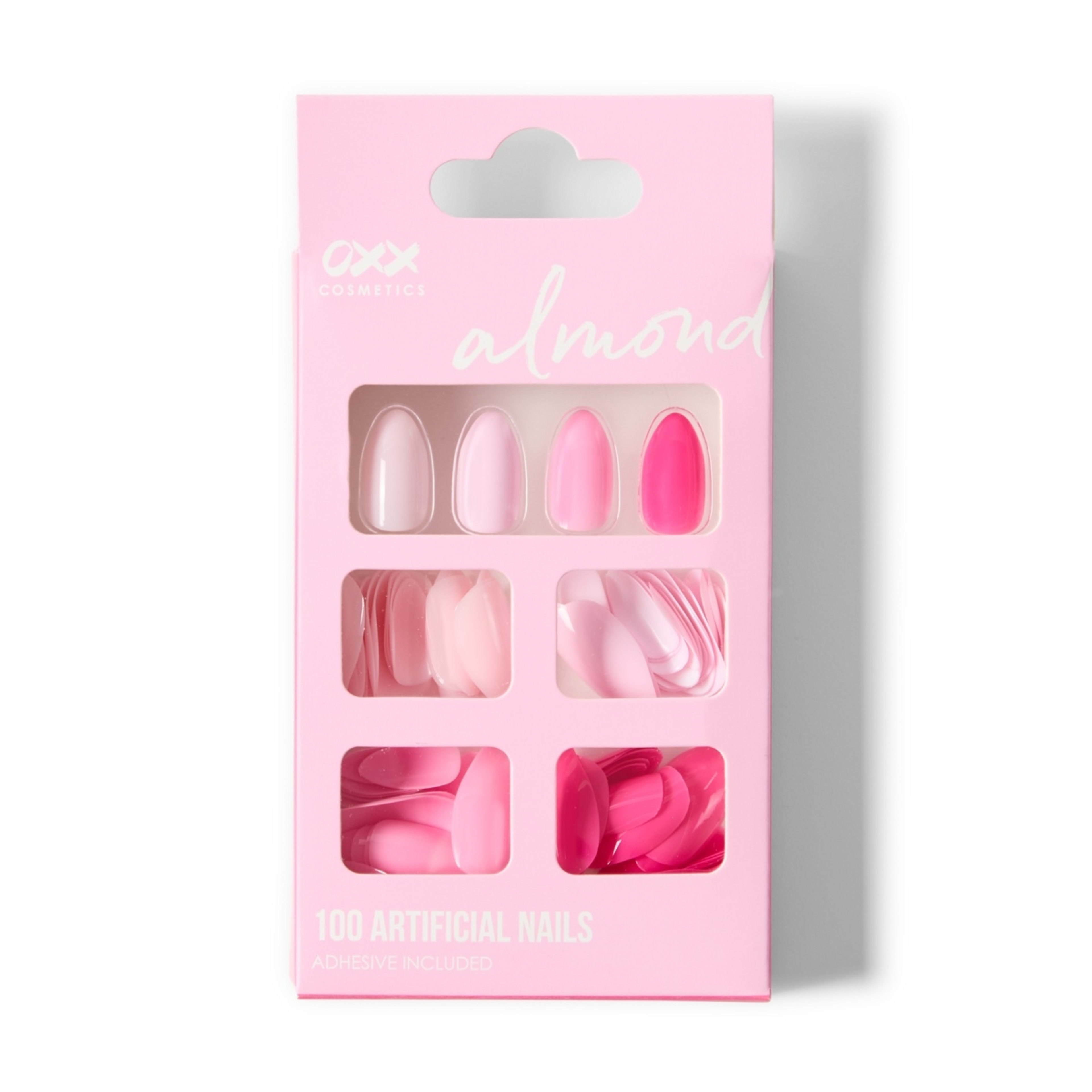 1 OXX Cosmetics 100 Pack Artificial Nails with Adhesive - Almond Shape, Pink