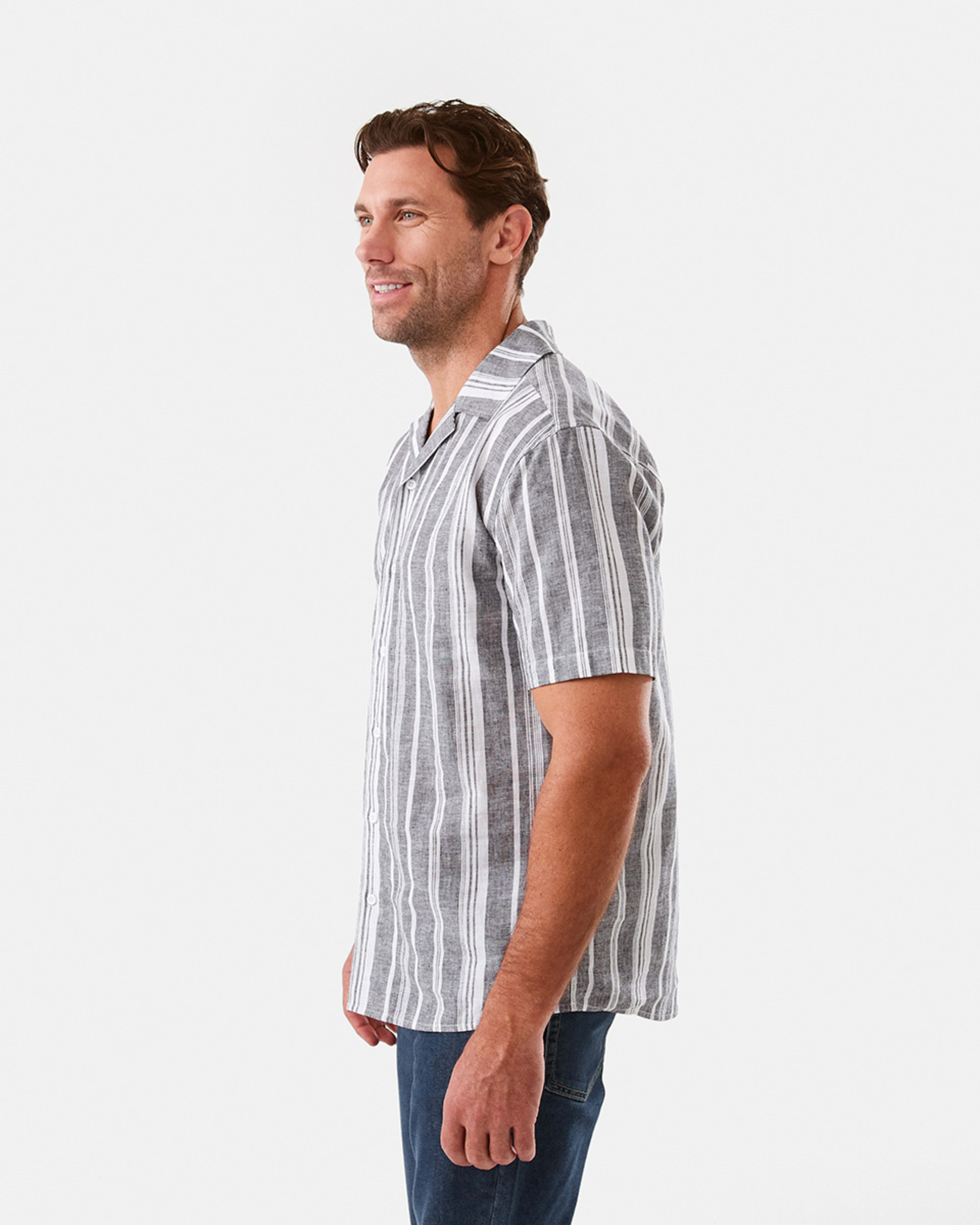 2 Short Sleeve Striped Linen Blend Shirt Blk Stripe, 2 of 6
