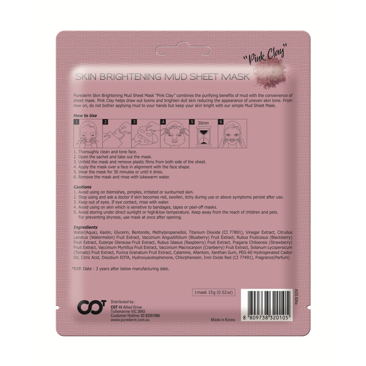 Purederm Skin Brightening Mud Sheet Mask 15g - Pink Clay - Kmart