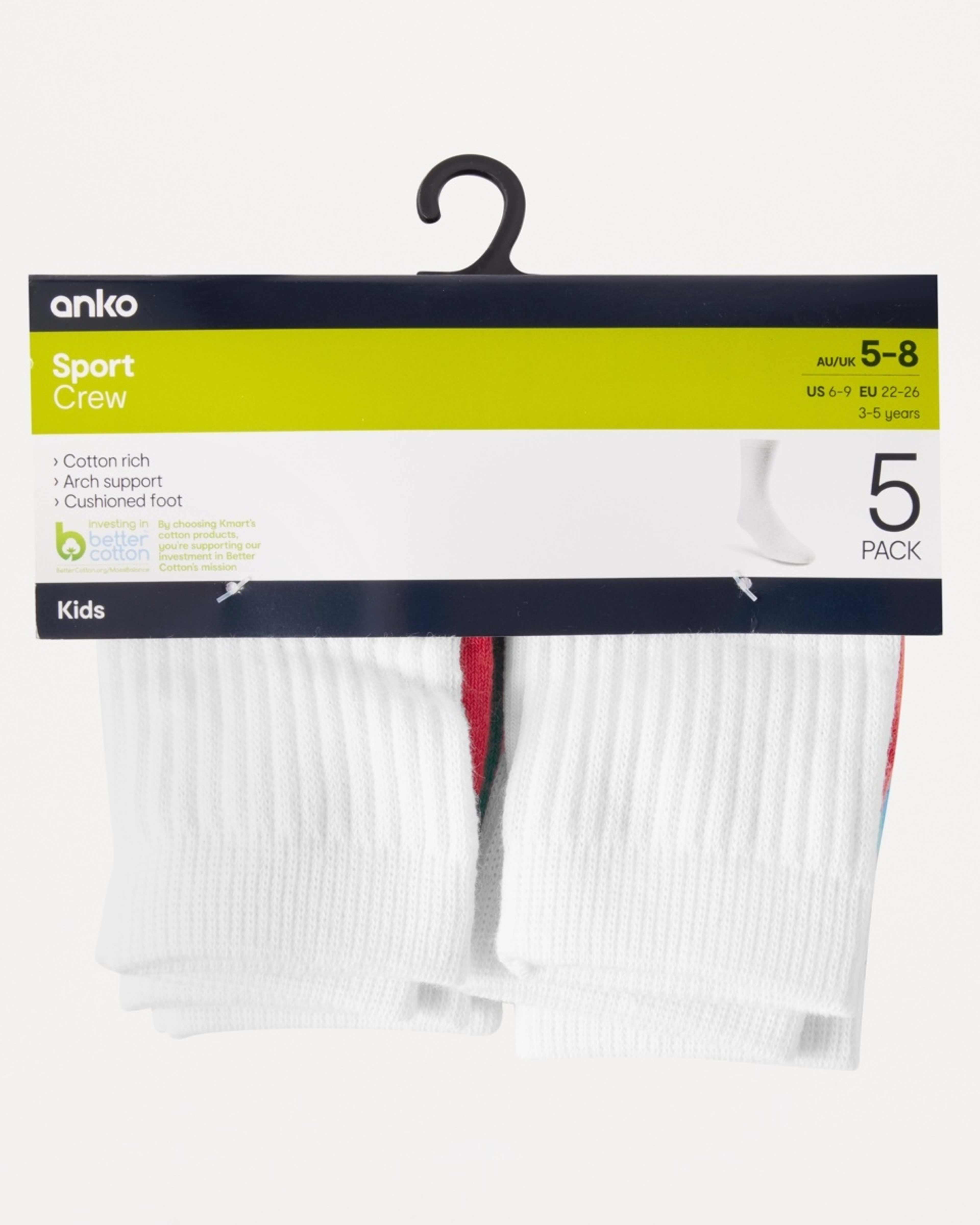 3 5 Pack Active Kids Sport Crew Socks WHITE RAINBOW, 3 of 3