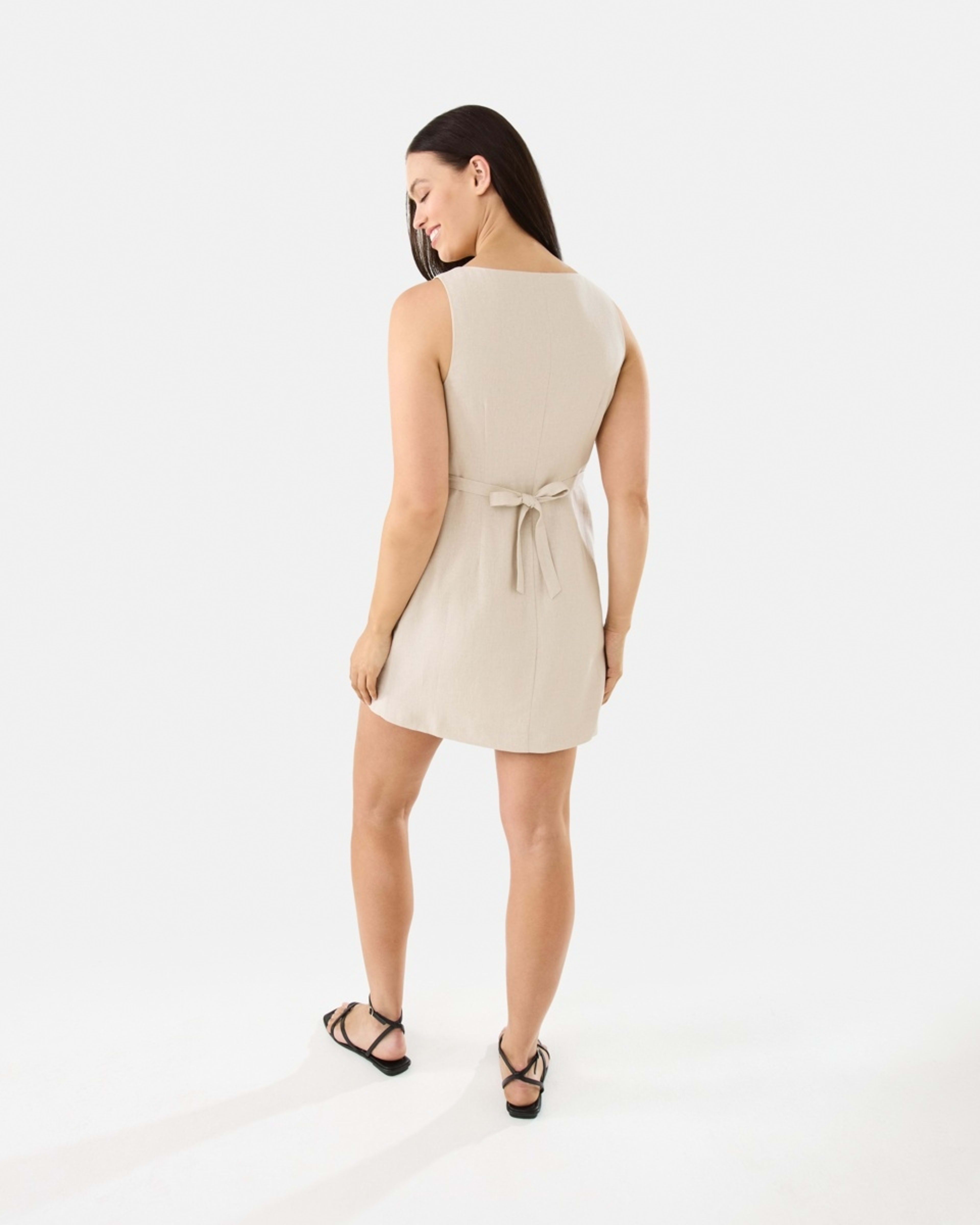 6 Sleeveless Linen Blend Button Mini Dress Grey Beige, 6 of 10