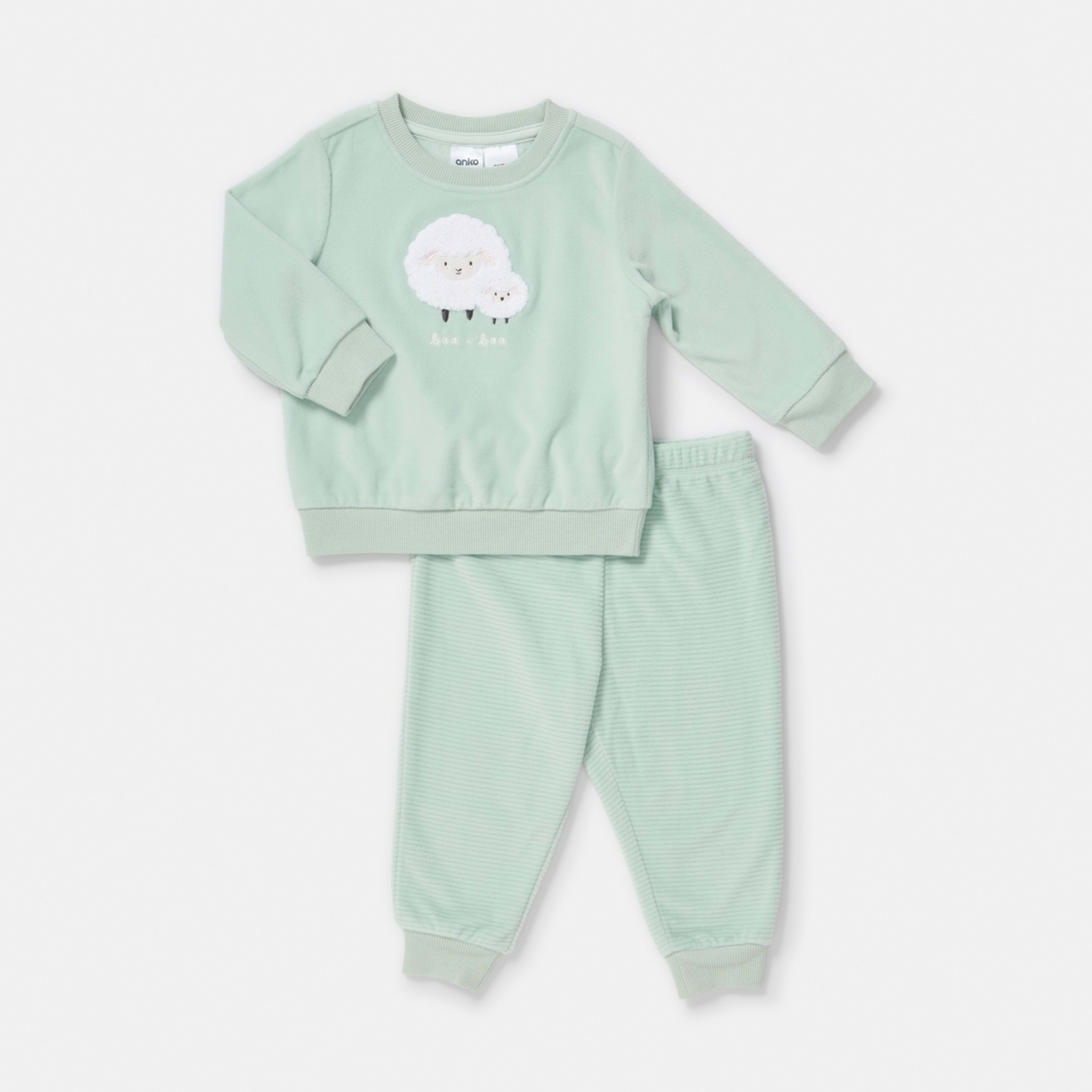 1 Twosie Fleece Pyjama Set Green Baa Baa, 1 of 4