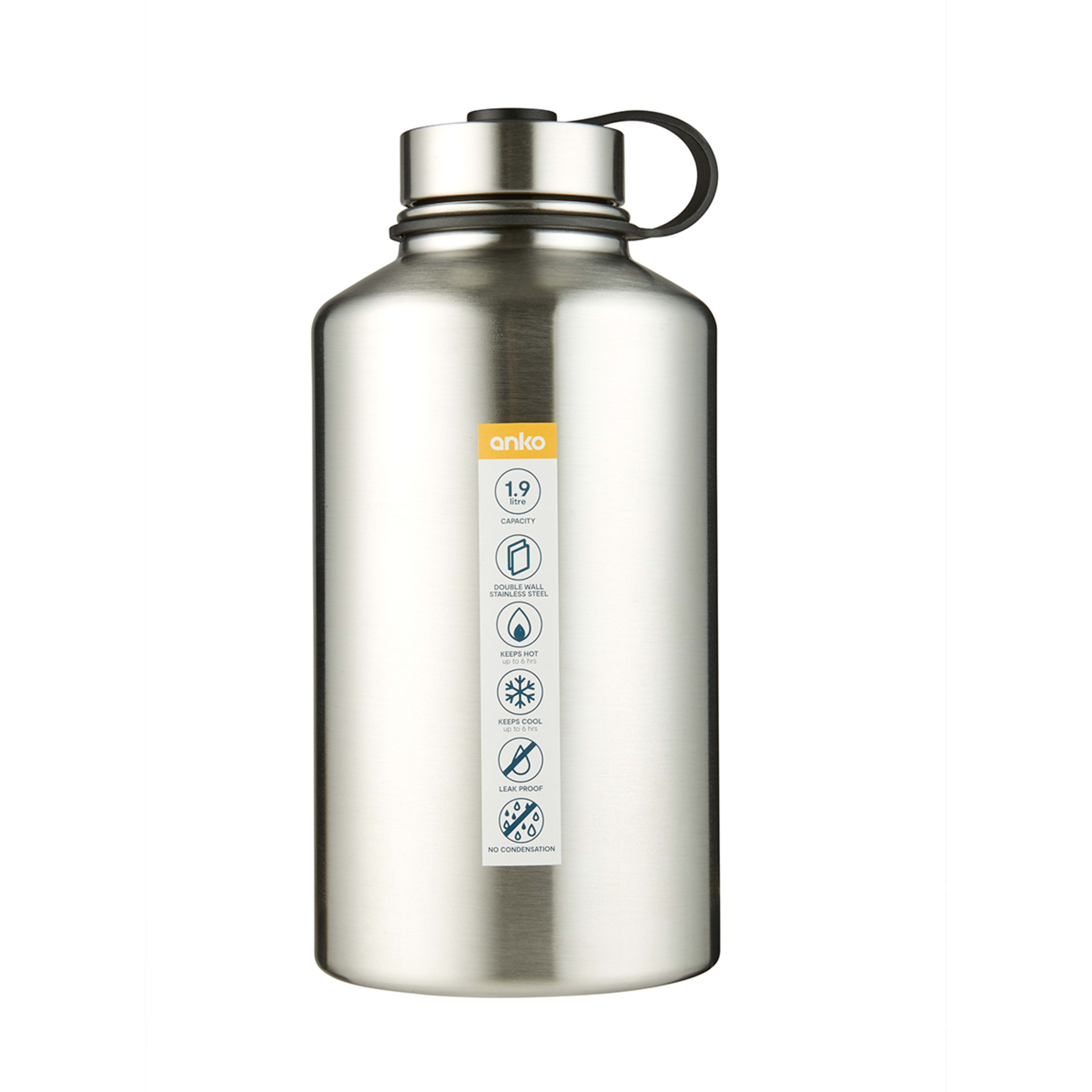1.9L Silver Double Wall Insulated Drink Bottle Kmart