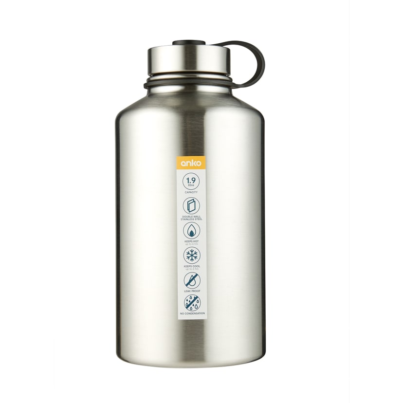 1.9L Silver Double Wall Insulated Drink Bottle Kmart