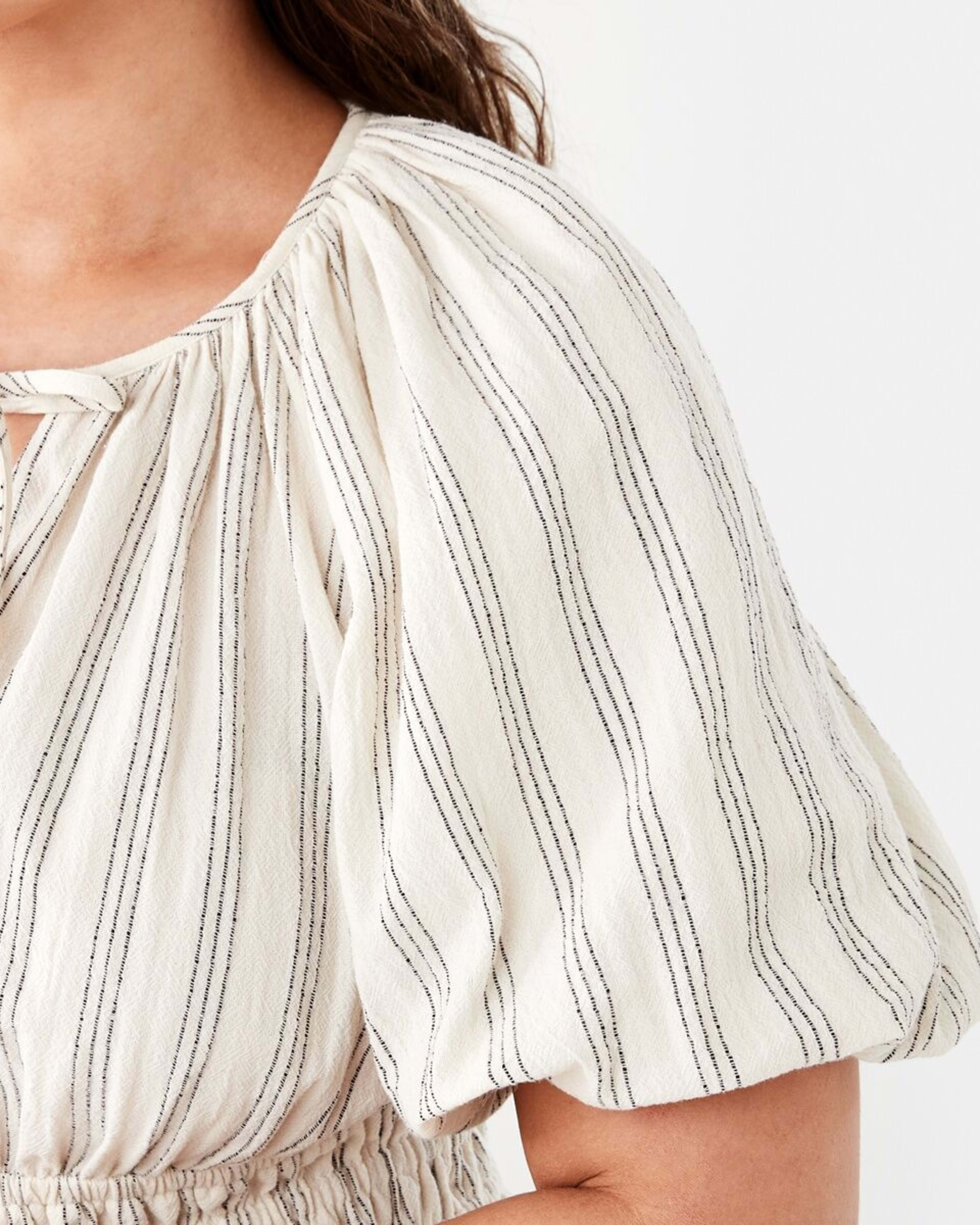 7 Short Sleeve Shirred Waist Mini Dress TRIPPLE STRIPE NATURAL BEIGE, 7 of 11