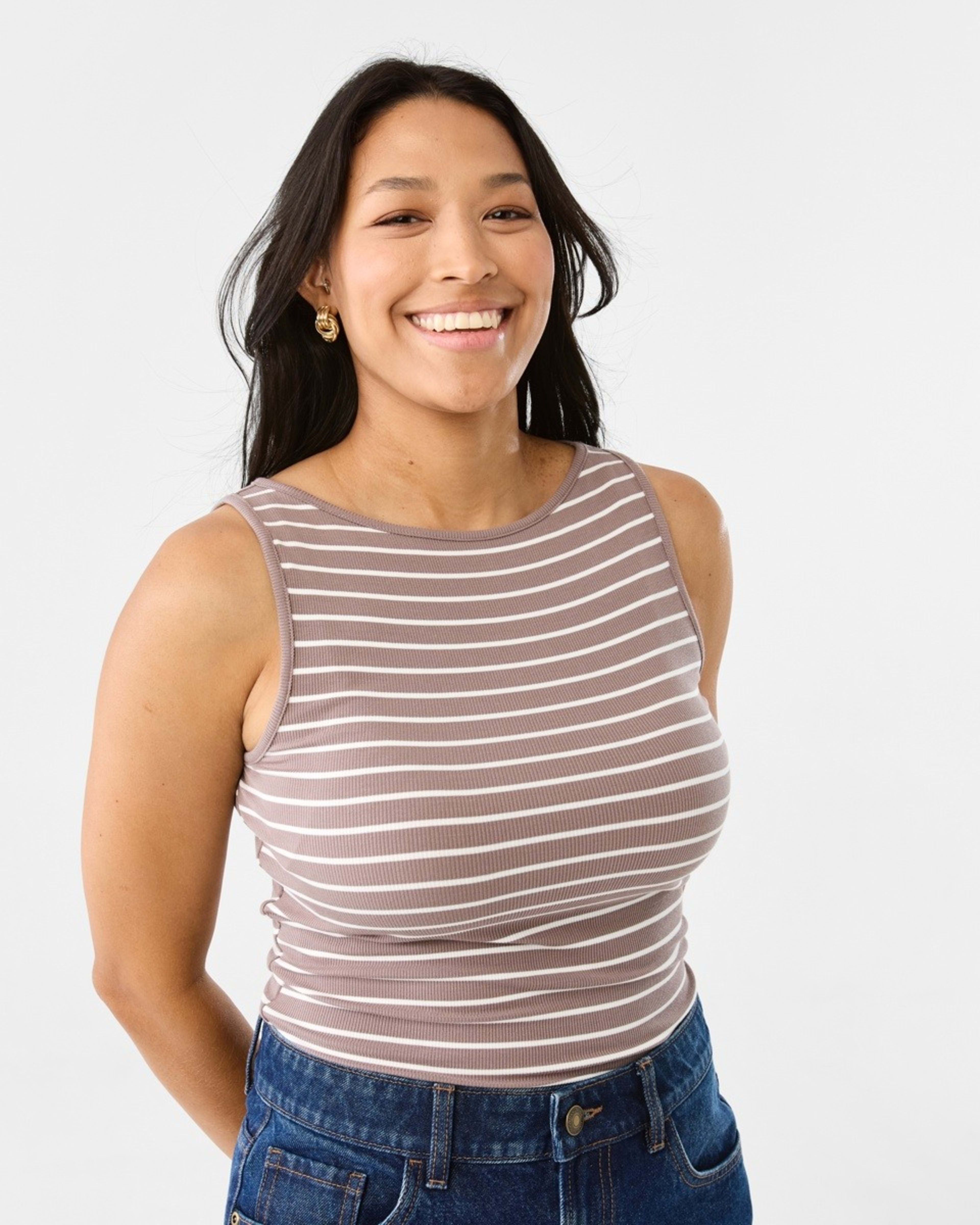 1 Sleeveless Rib Boat Neck Top Taupe Strp