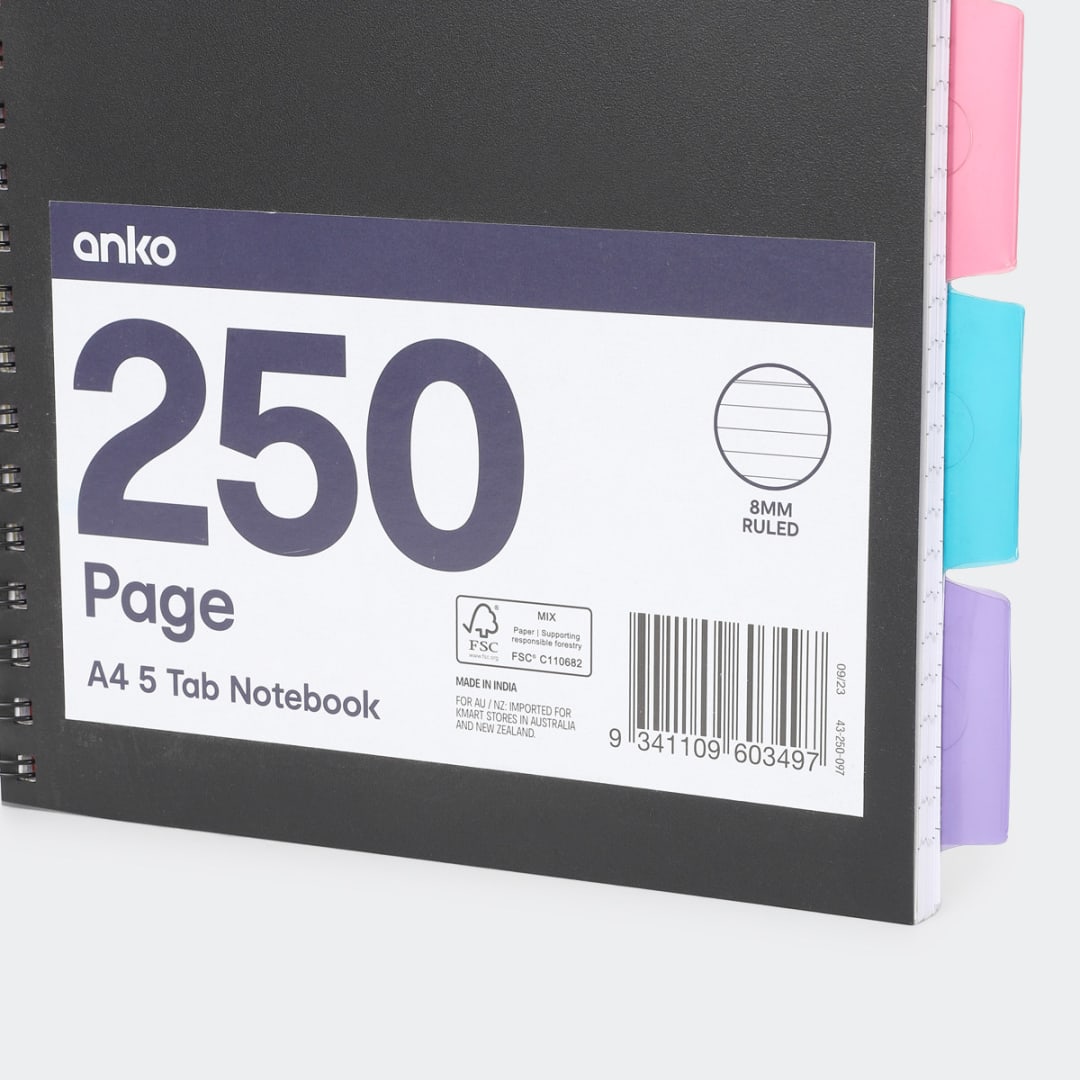 250 Page A4 5 Tab Notebook Black Kmart