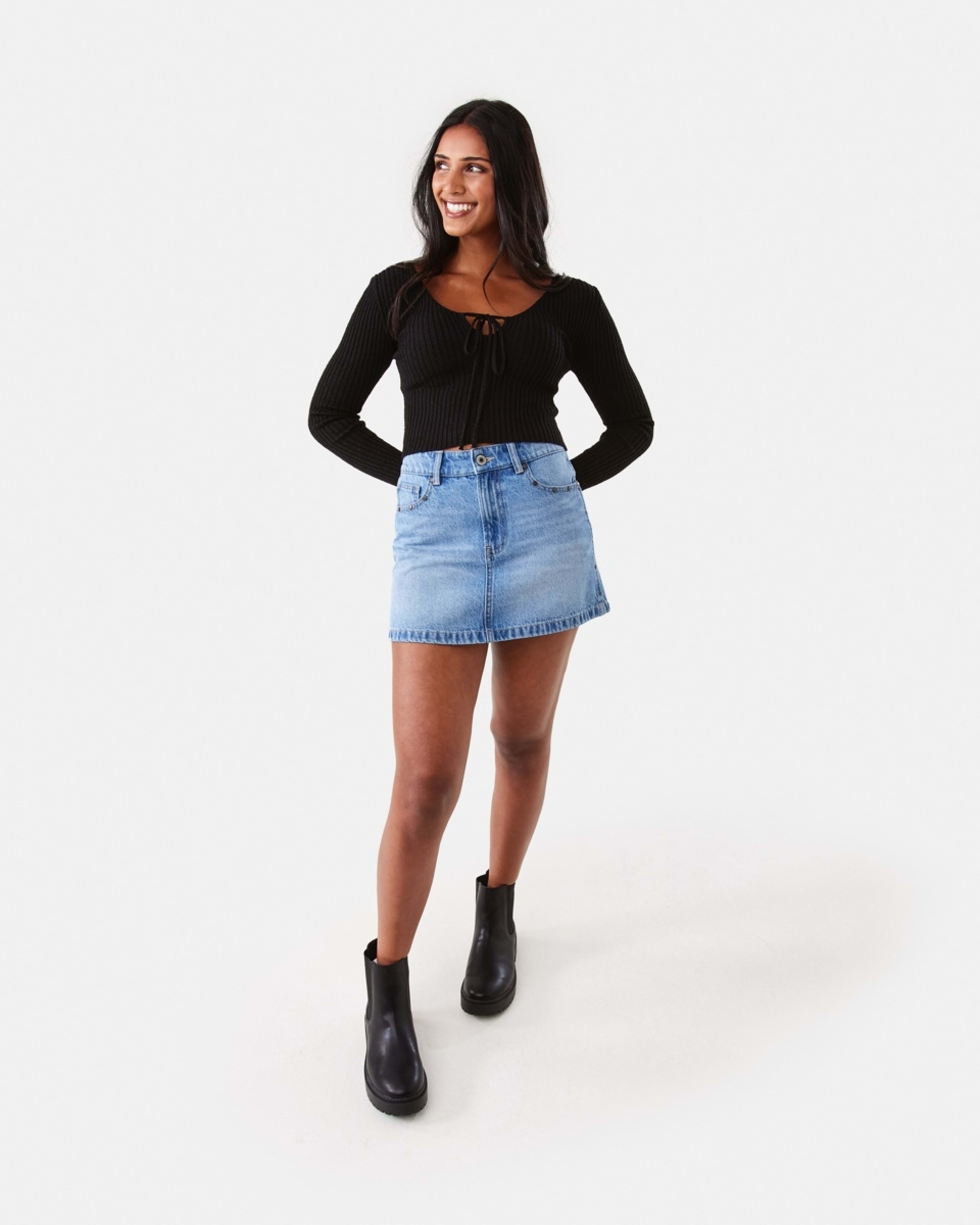 2 Studded Denim Mini Skirt Mid Wash, 2 of 9
