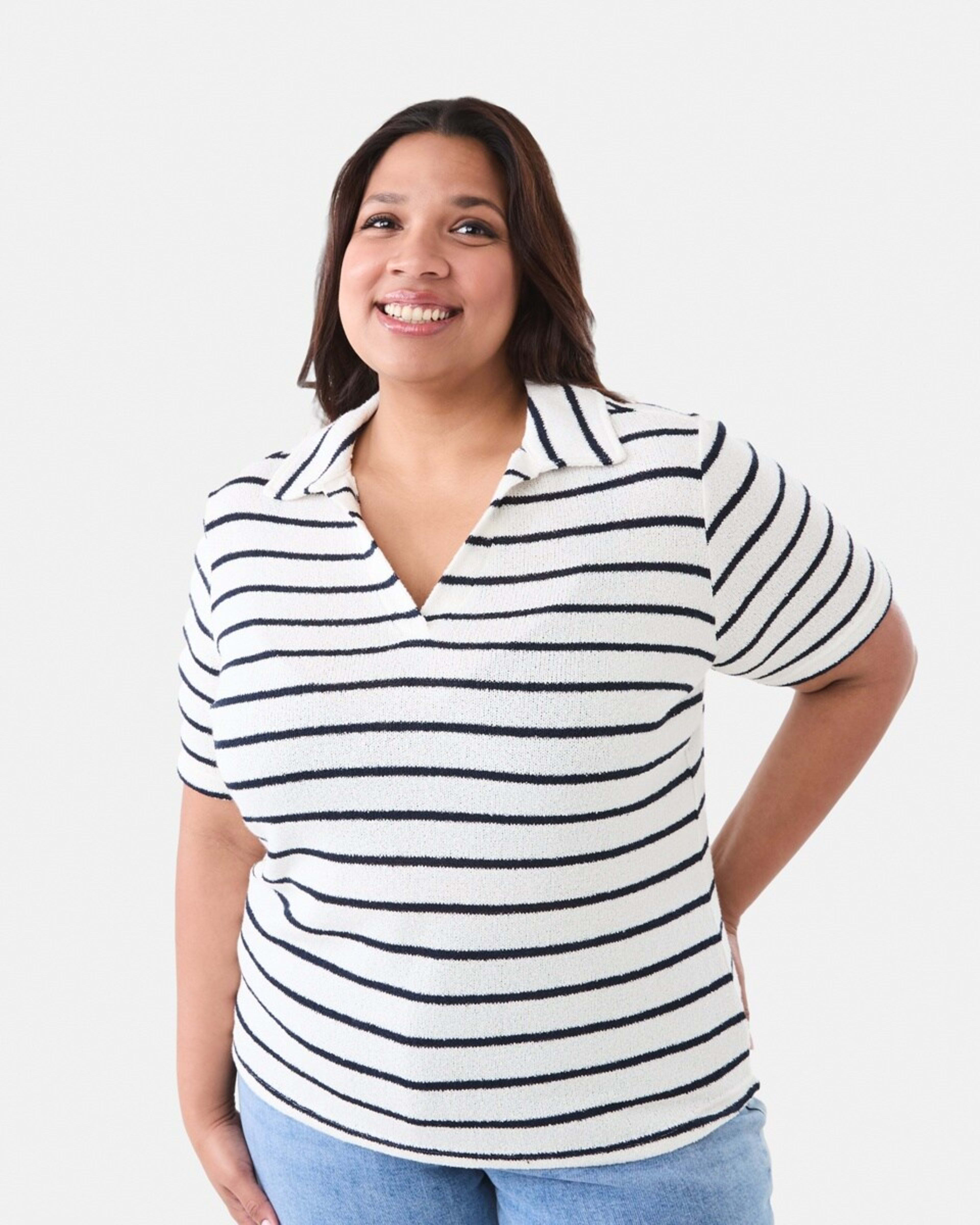 1 Curve Short Sleeve Textured Knit Polo Top Yan Srt W