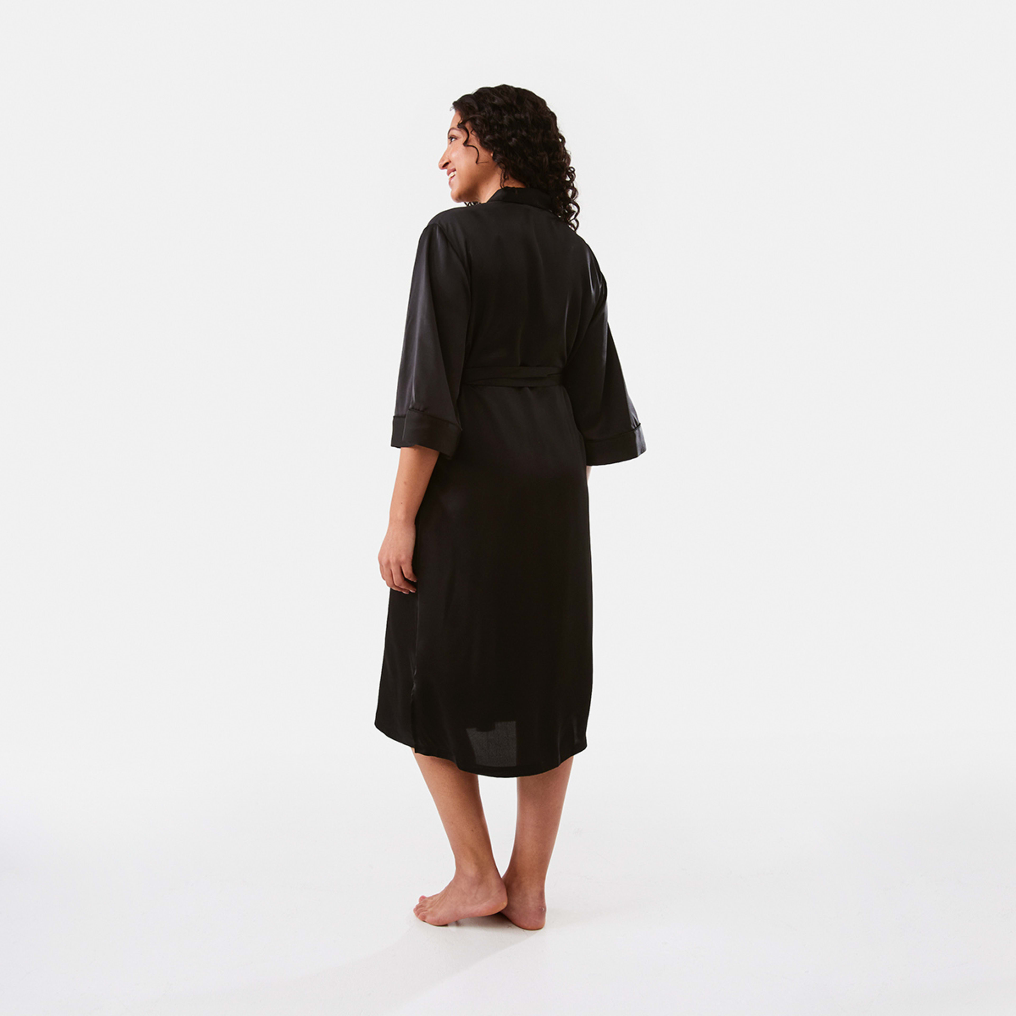 3 Longline Satin Kimono Gown Black, 3 of 6