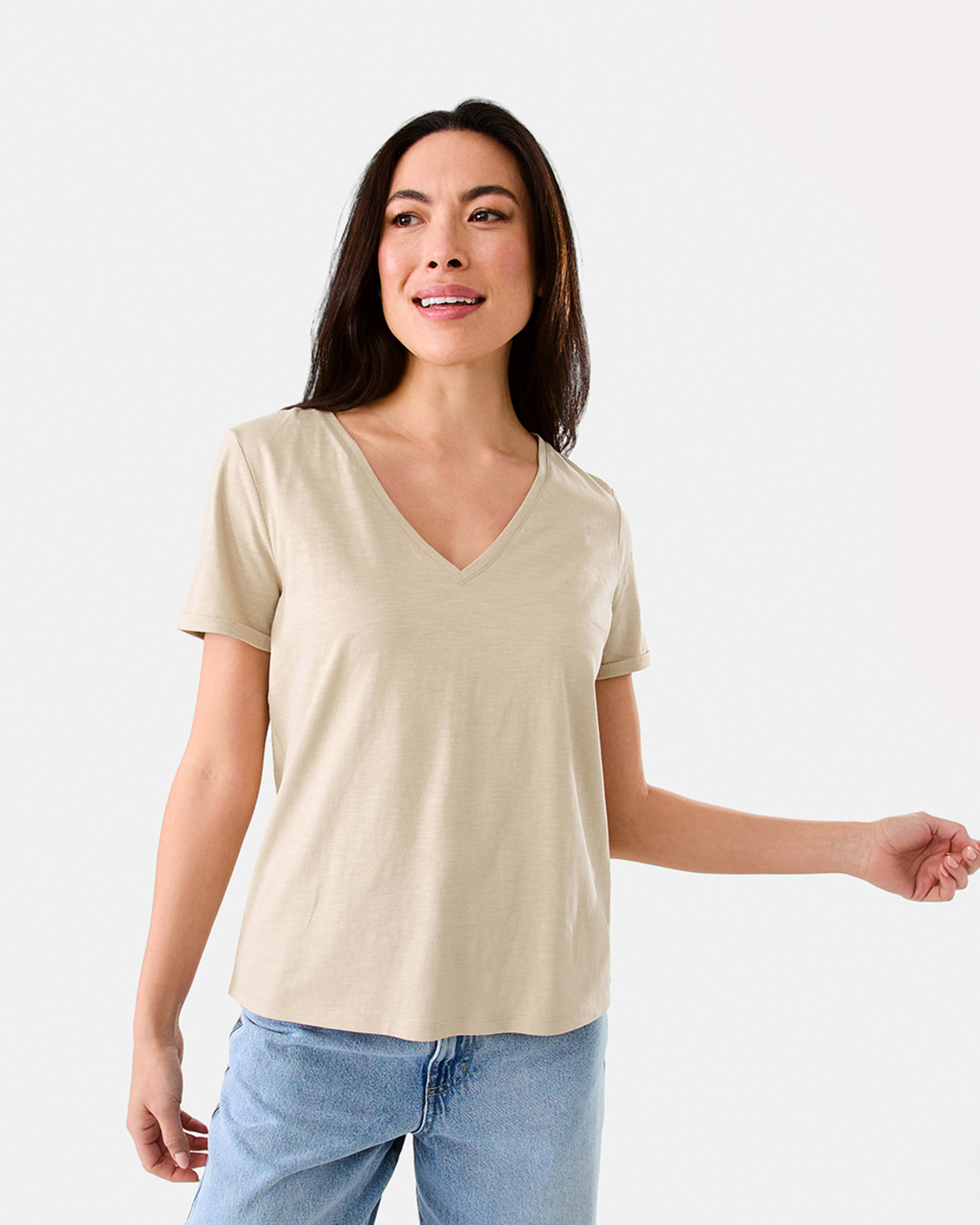 1 Short Sleeve Slub V-neck T-shirt Bone Beige
