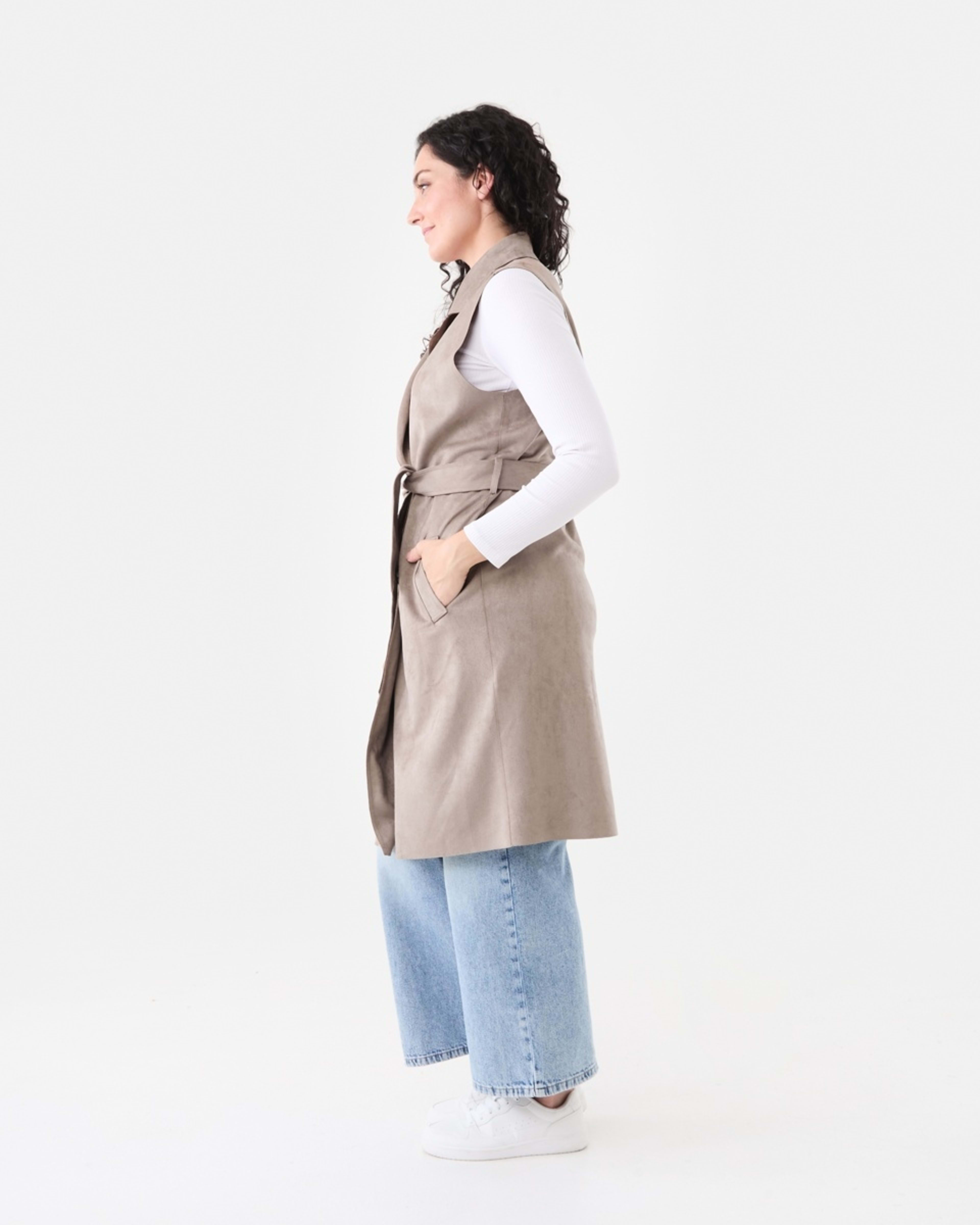 2 Sleeveless Suedette Trench Coat Taupe Brn, 2 of 7