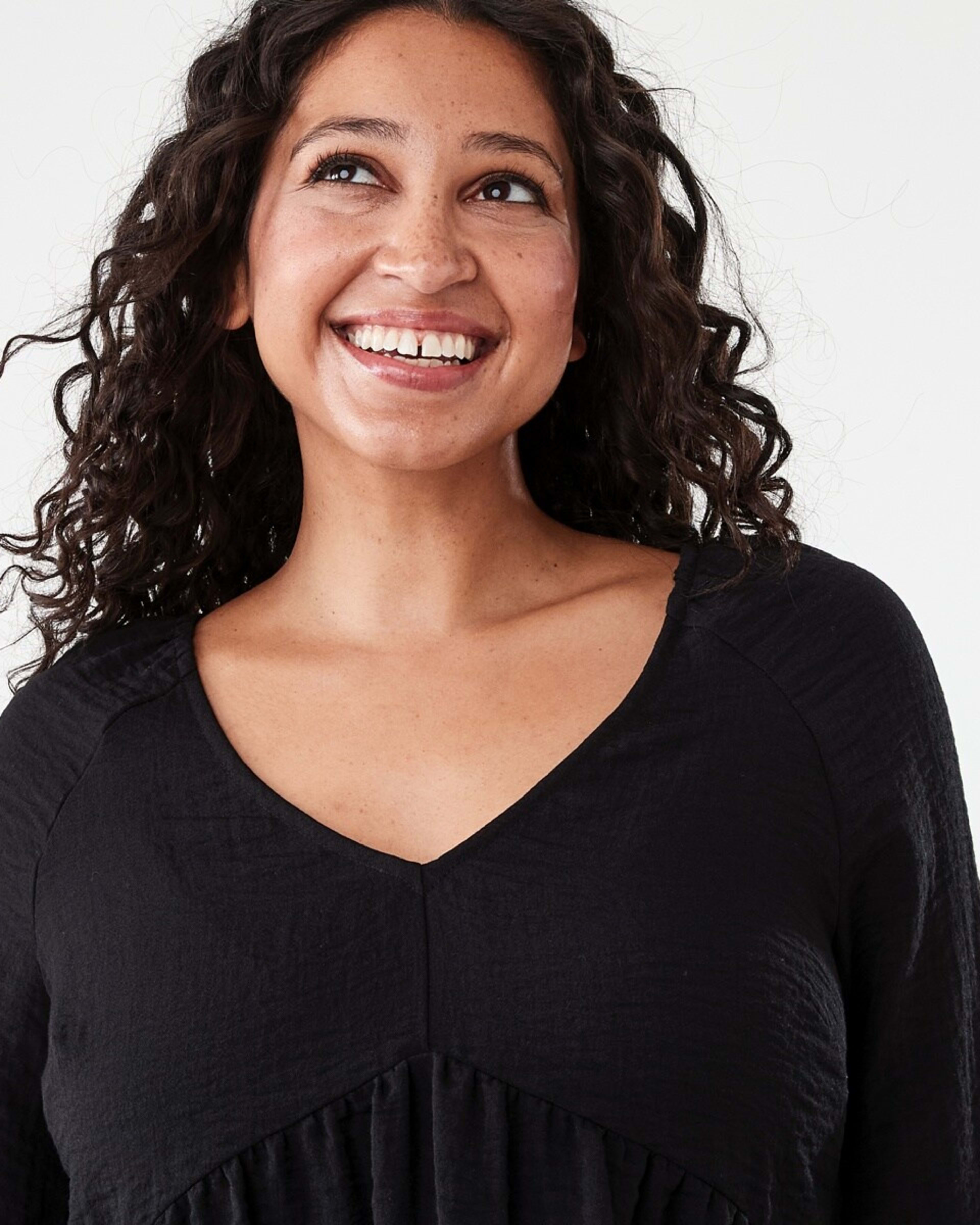 4 Long Sleeve Textured Smock Mini Dress Black, 4 of 7