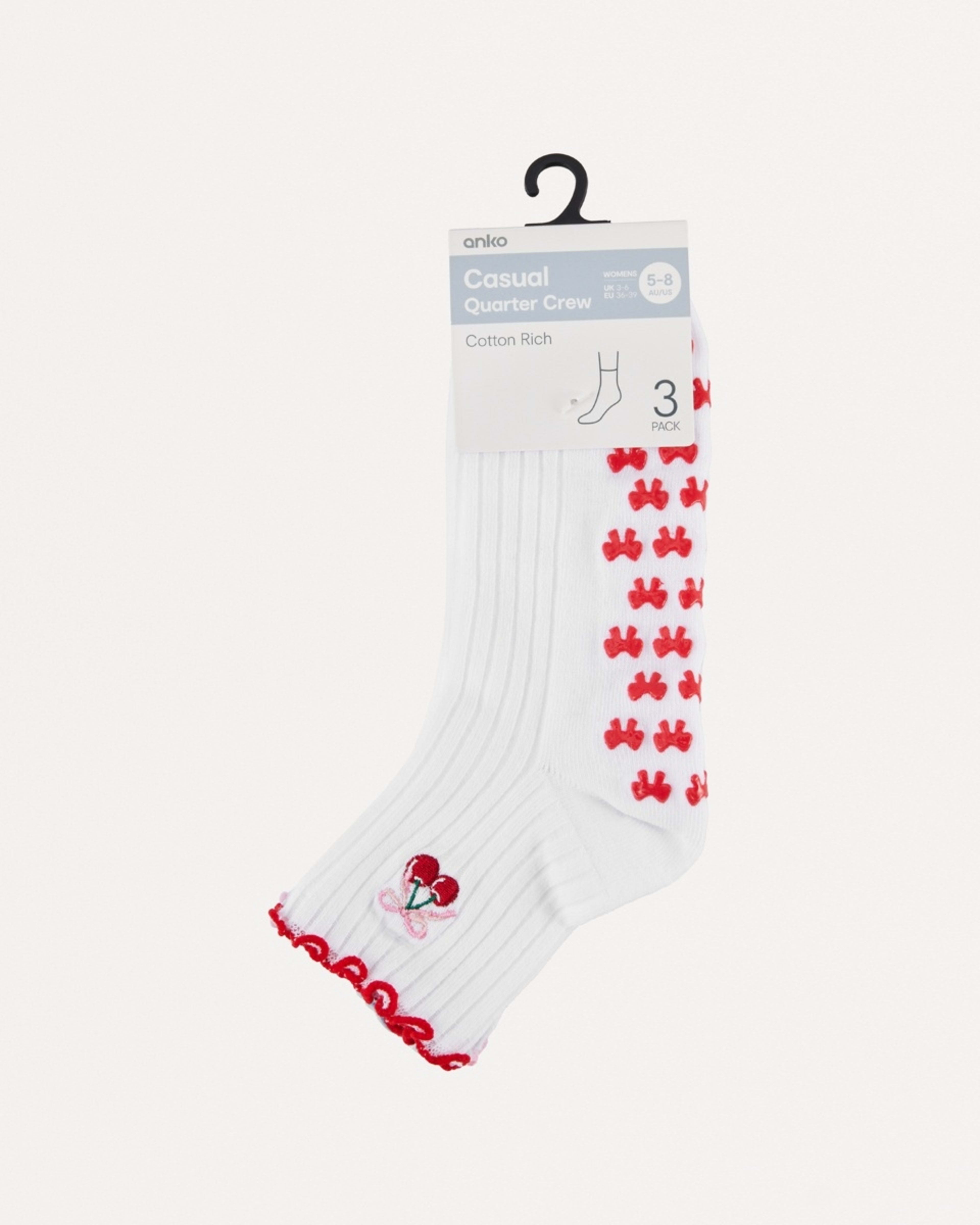 3 3 Pack Frill Quarter Crew Non-Slip Socks LOVE CHERRY MULTI, 3 of 3