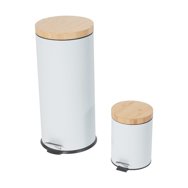 2 Pack Bamboo Lid White Pedal Bins
