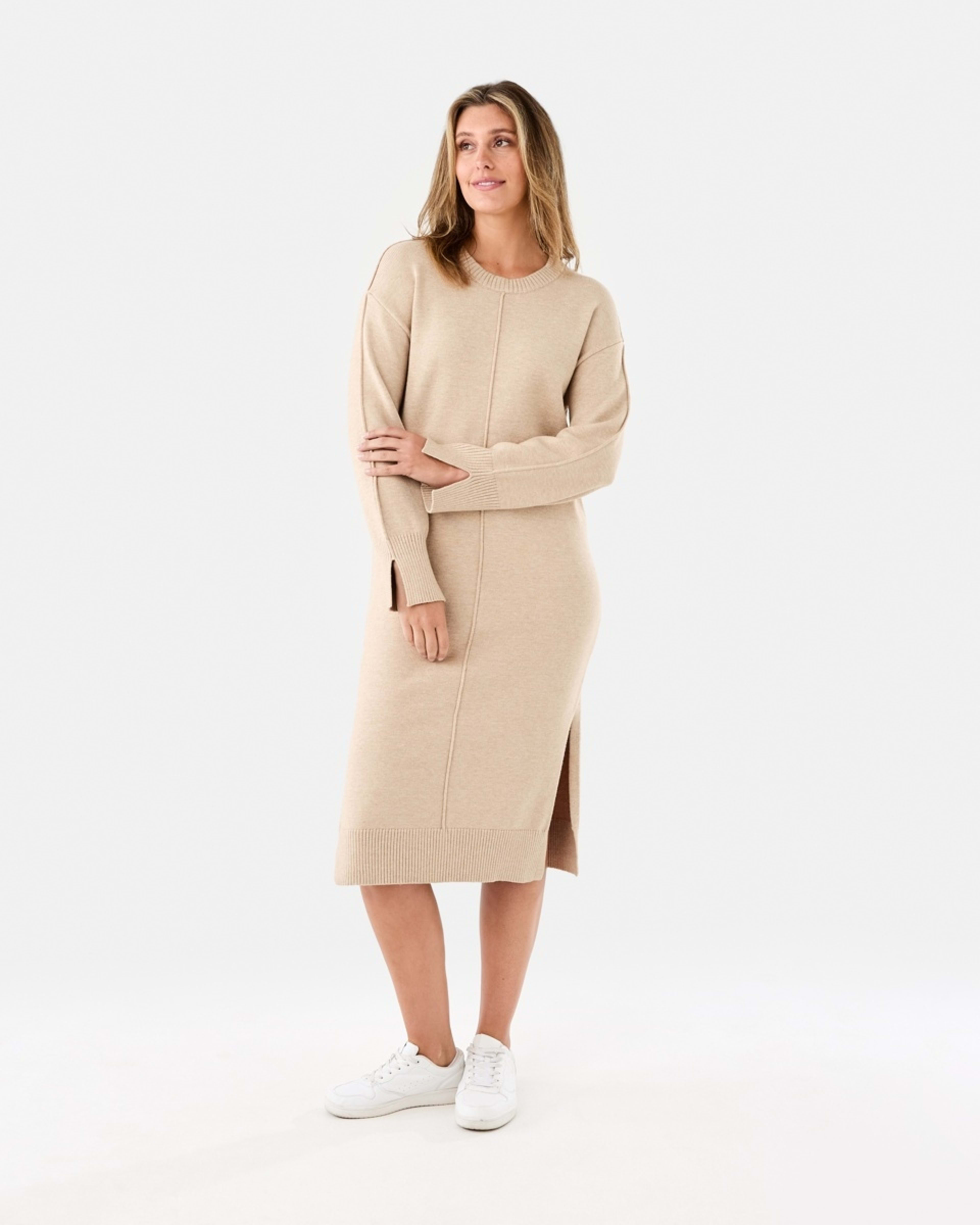 1 Long Sleeve Crew Neck Seam Detail True Knit Midi Dress Beige Marl, 1 of 6