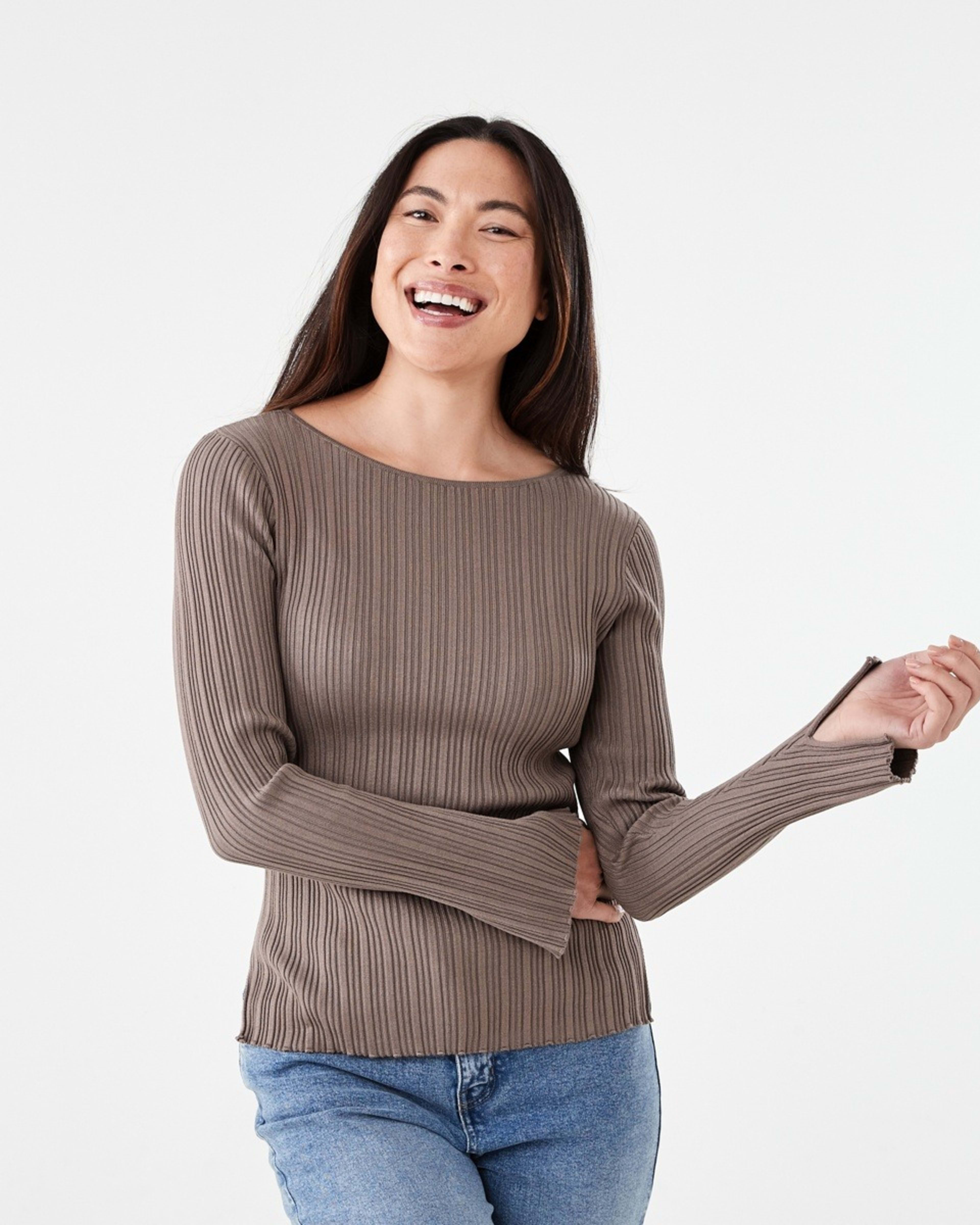 1 Long Sleeve Rib Boat Neck Top Taupe Brn, 1 of 6