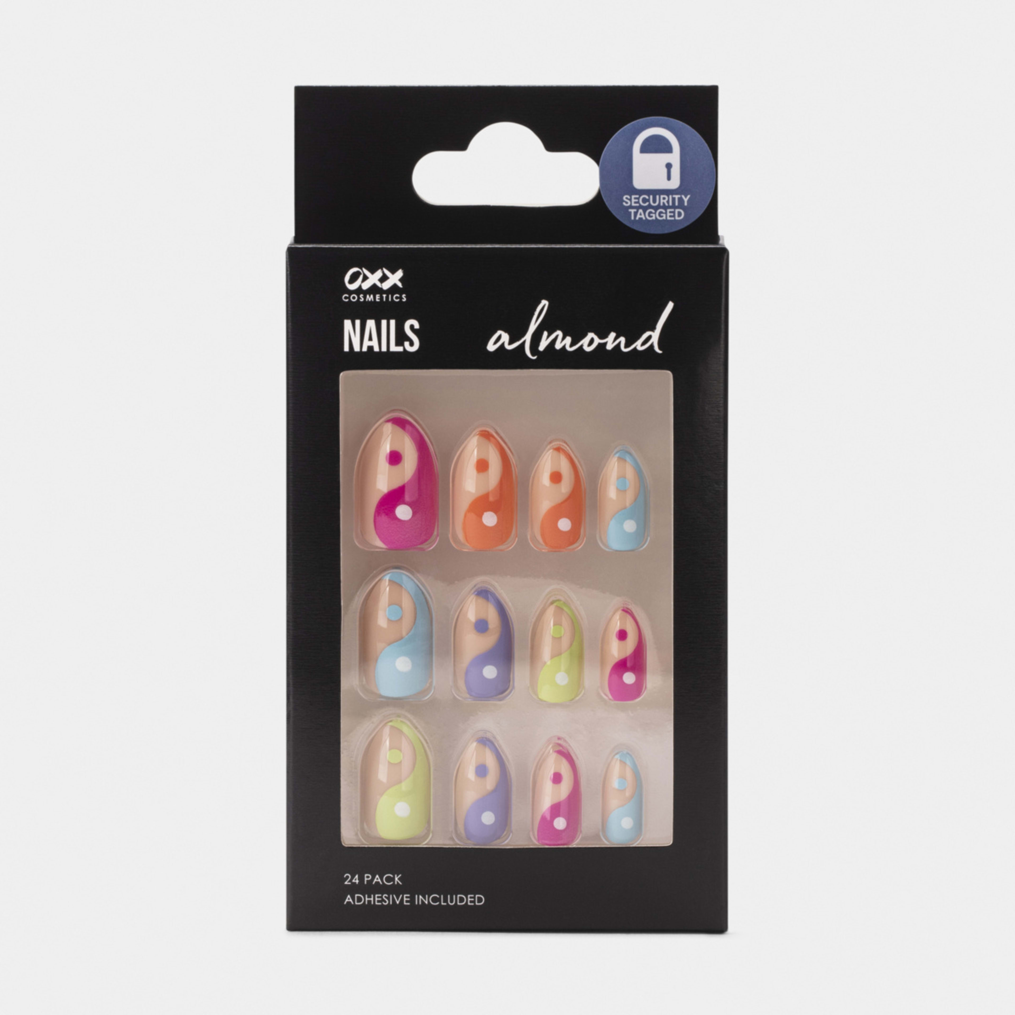 1 OXX Cosmetics 24 Pack Artificial Nails With Adhesive - Almond Shape, Rainbow Yin Yang