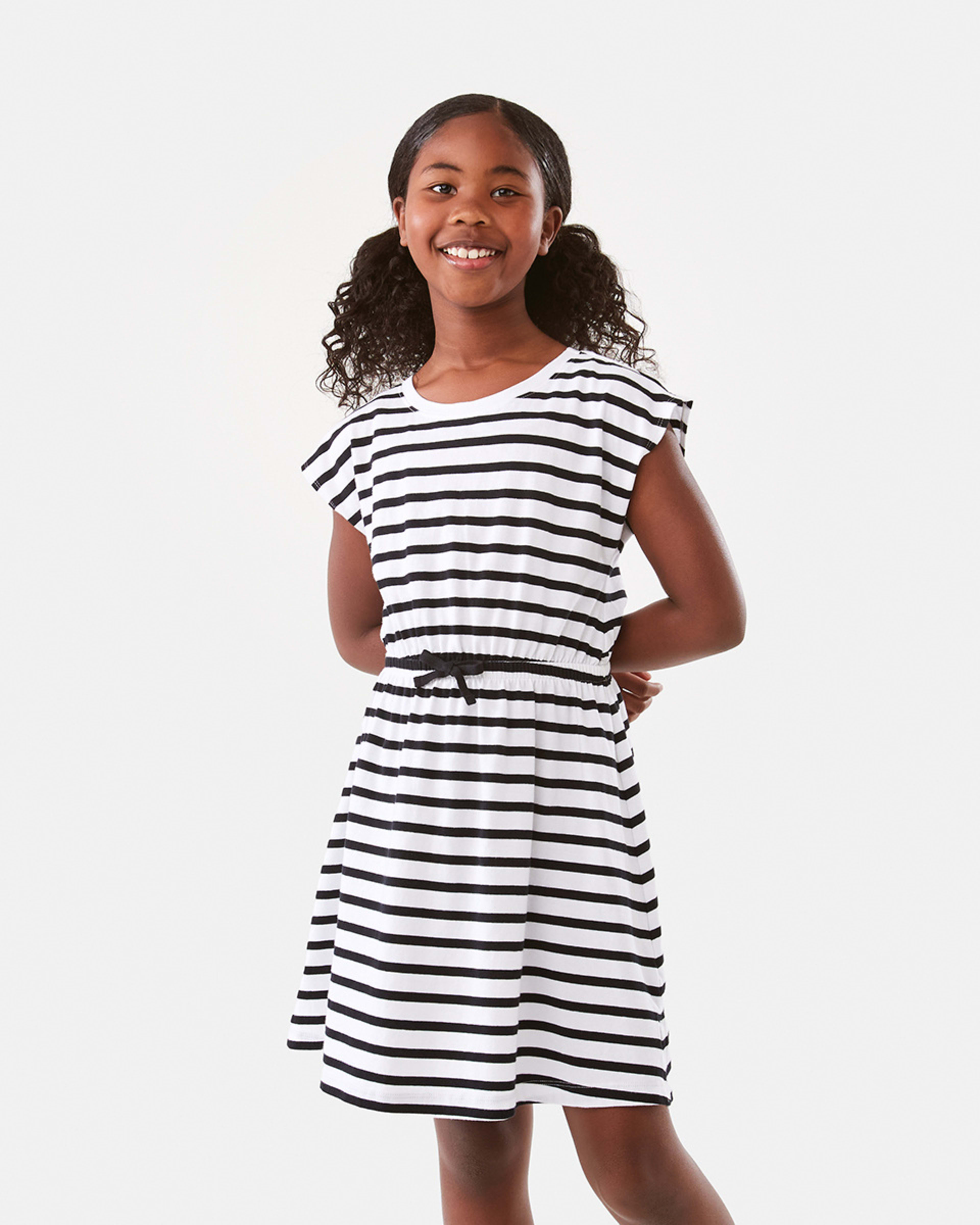 1 Gathered Waist Knit Dress Blk Stripe