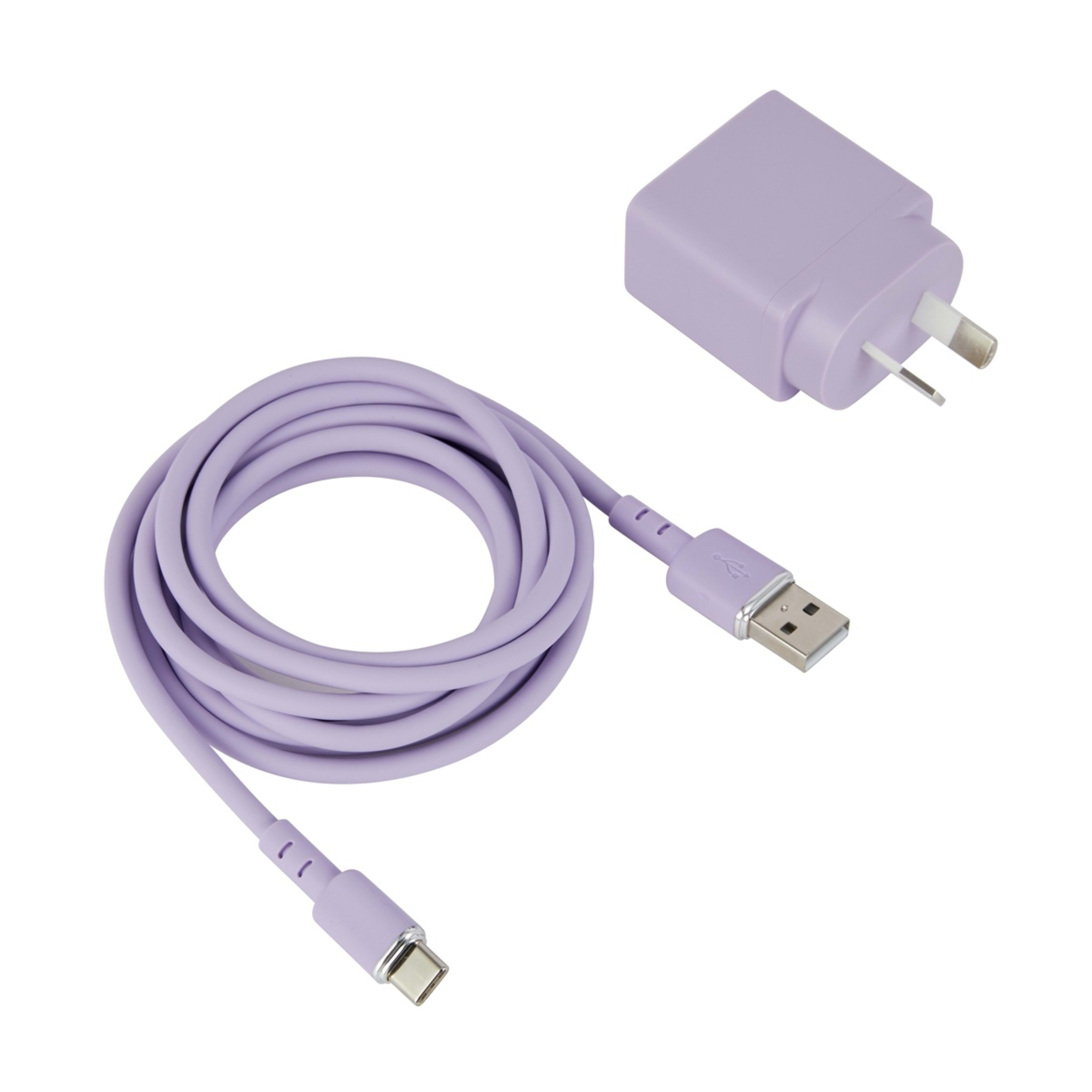 1 Wall USB Charger with USB-A to USB-C - Purple
