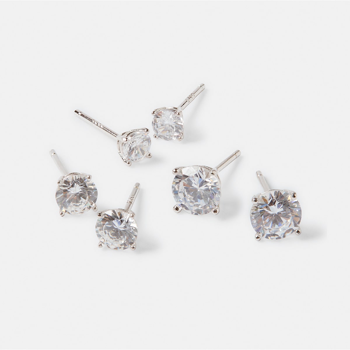 3 Pack Sterling Silver Diamante Stud Earrings Kmart