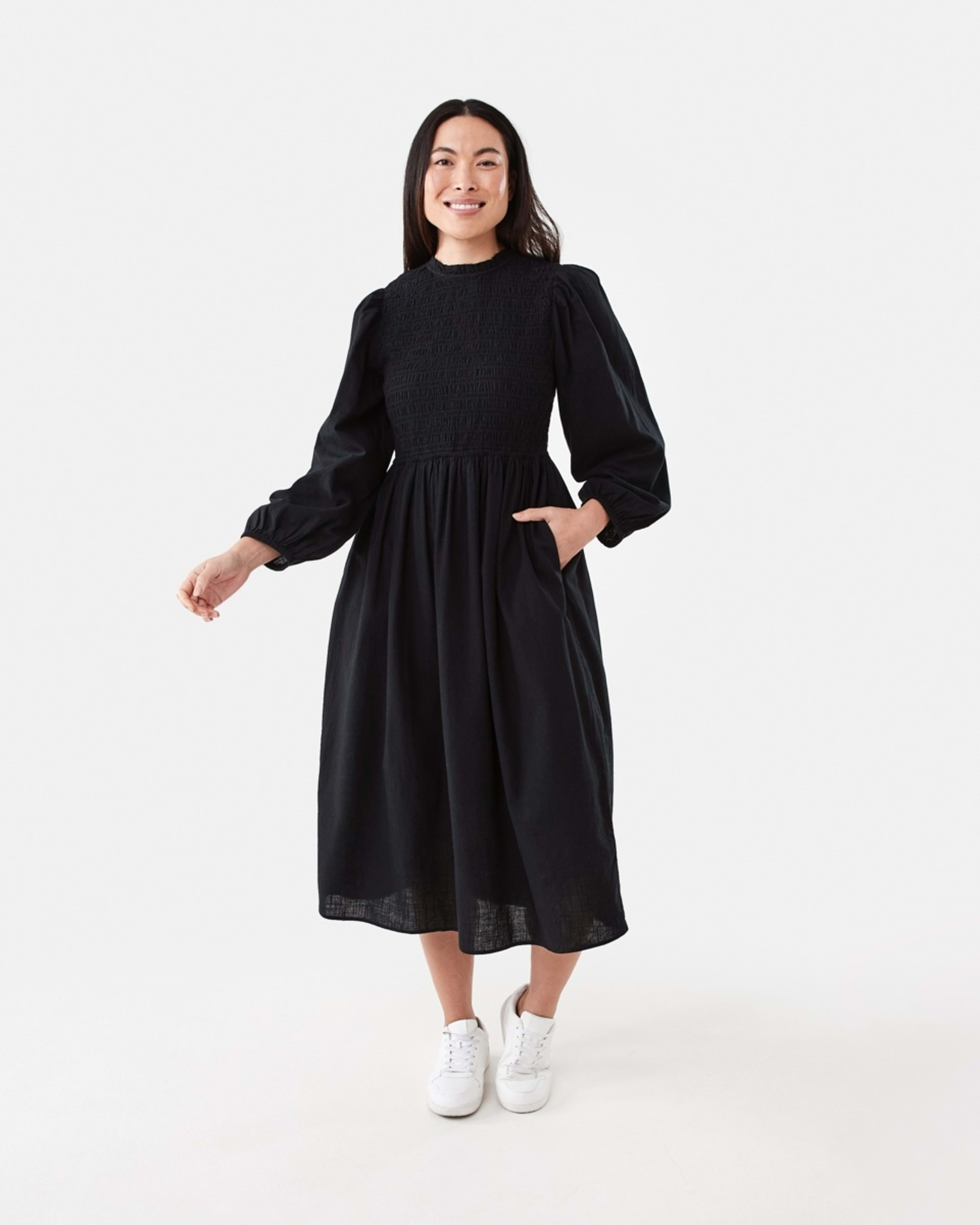 1 Long Sleeve Shirred Bodice Midi Dress Black