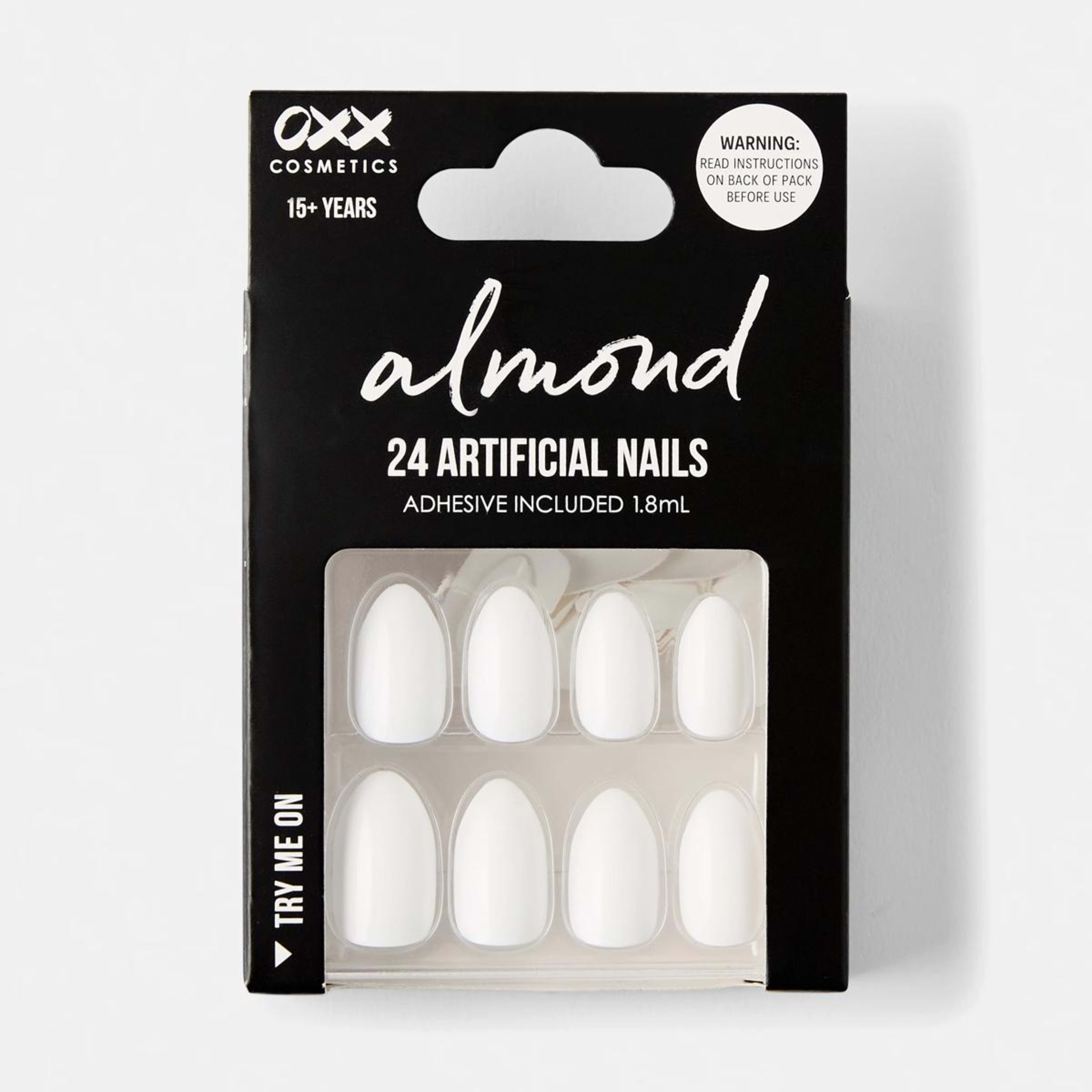 1 OXX Cosmetics 24 Pack Artificial Nails with Adhesive - Almond Shape, White Shiny