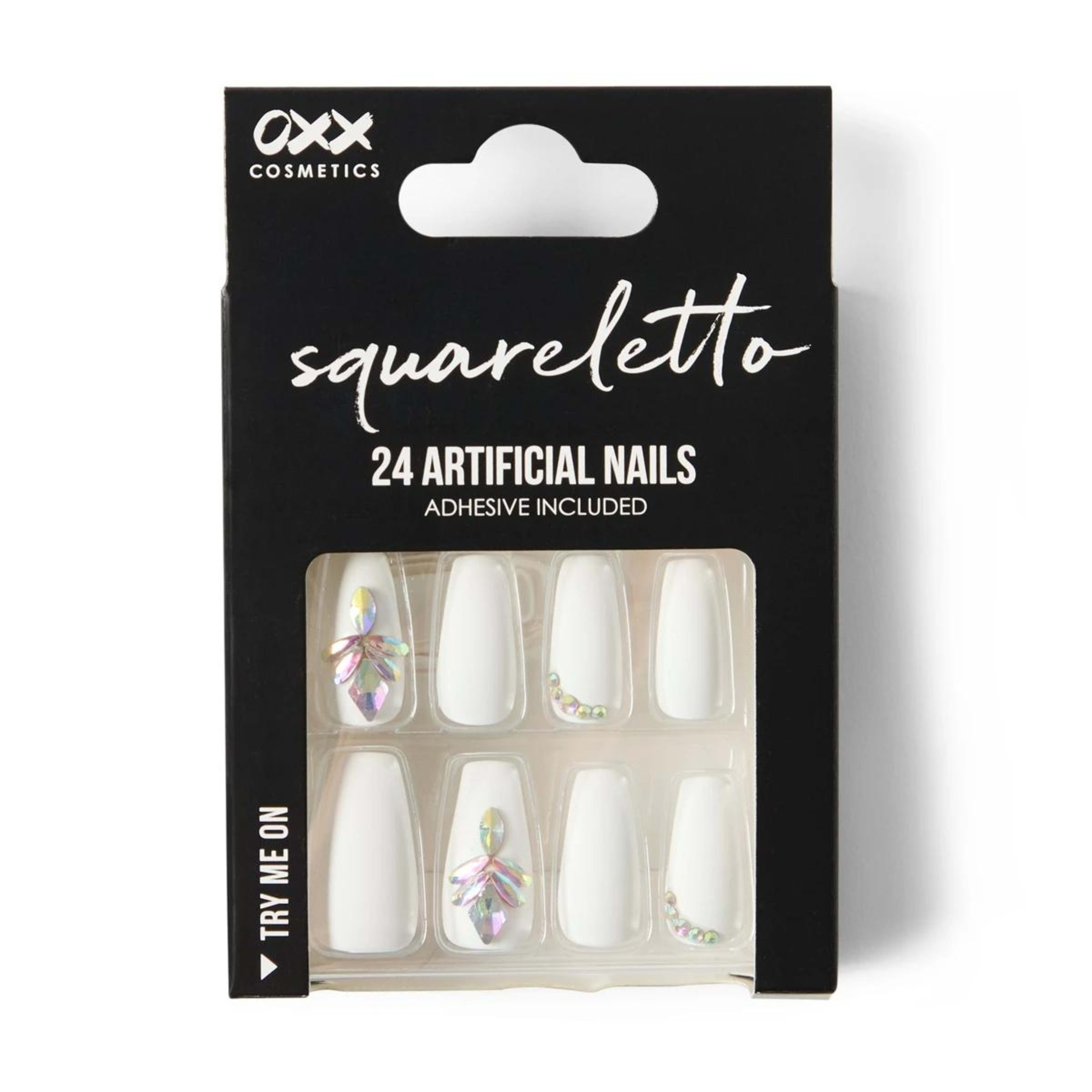 1 OXX Cosmetics 24 Pack Artificial Nails with Adhesive - Squareletto Shape, White Gem, 1 of 5