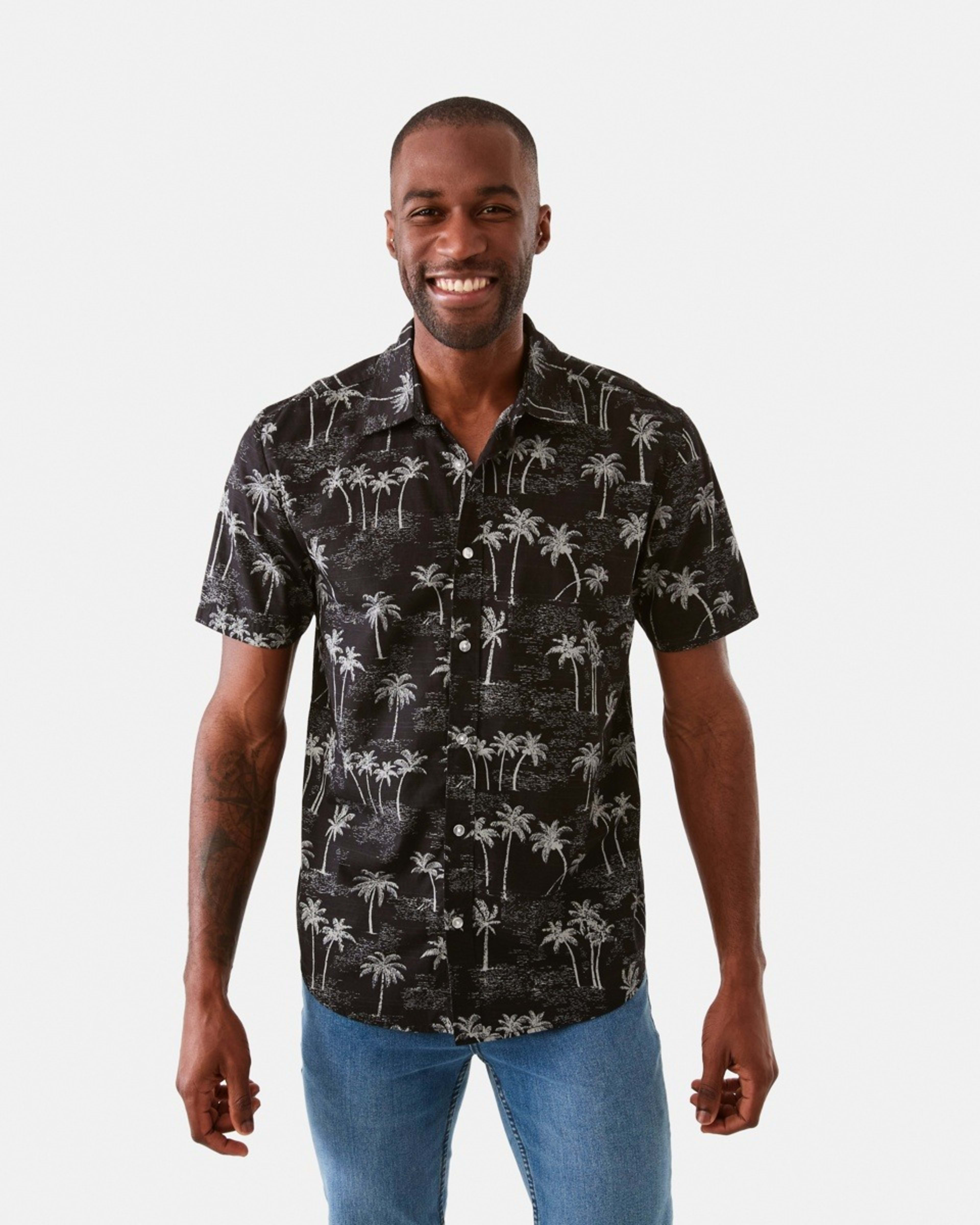 1 Short Sleeve Poplin Print Shirt Blk Palm, 1 of 6