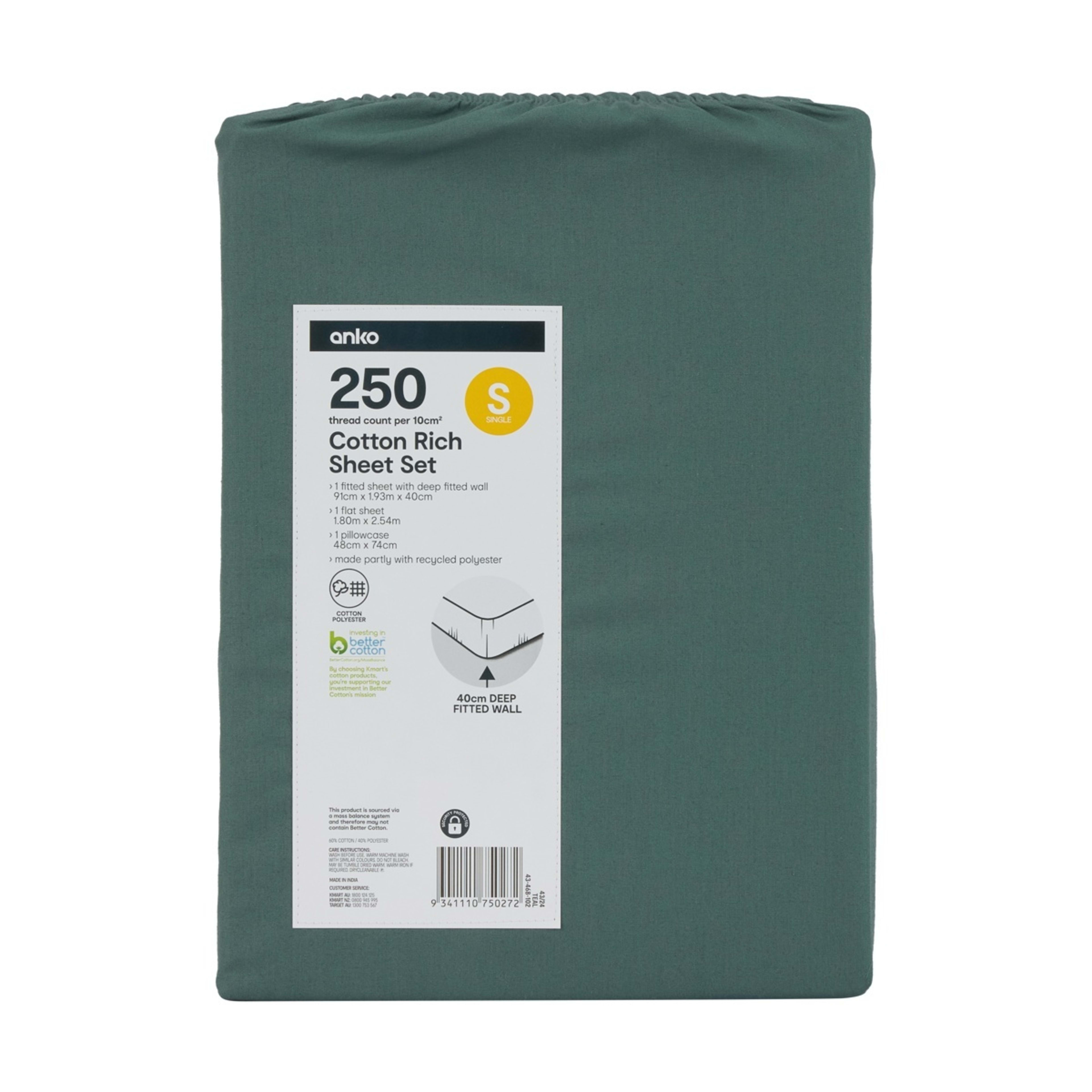 7 250 Thread Count Cotton Rich Sheet Set - Single Bed, Teal, 7 of 7