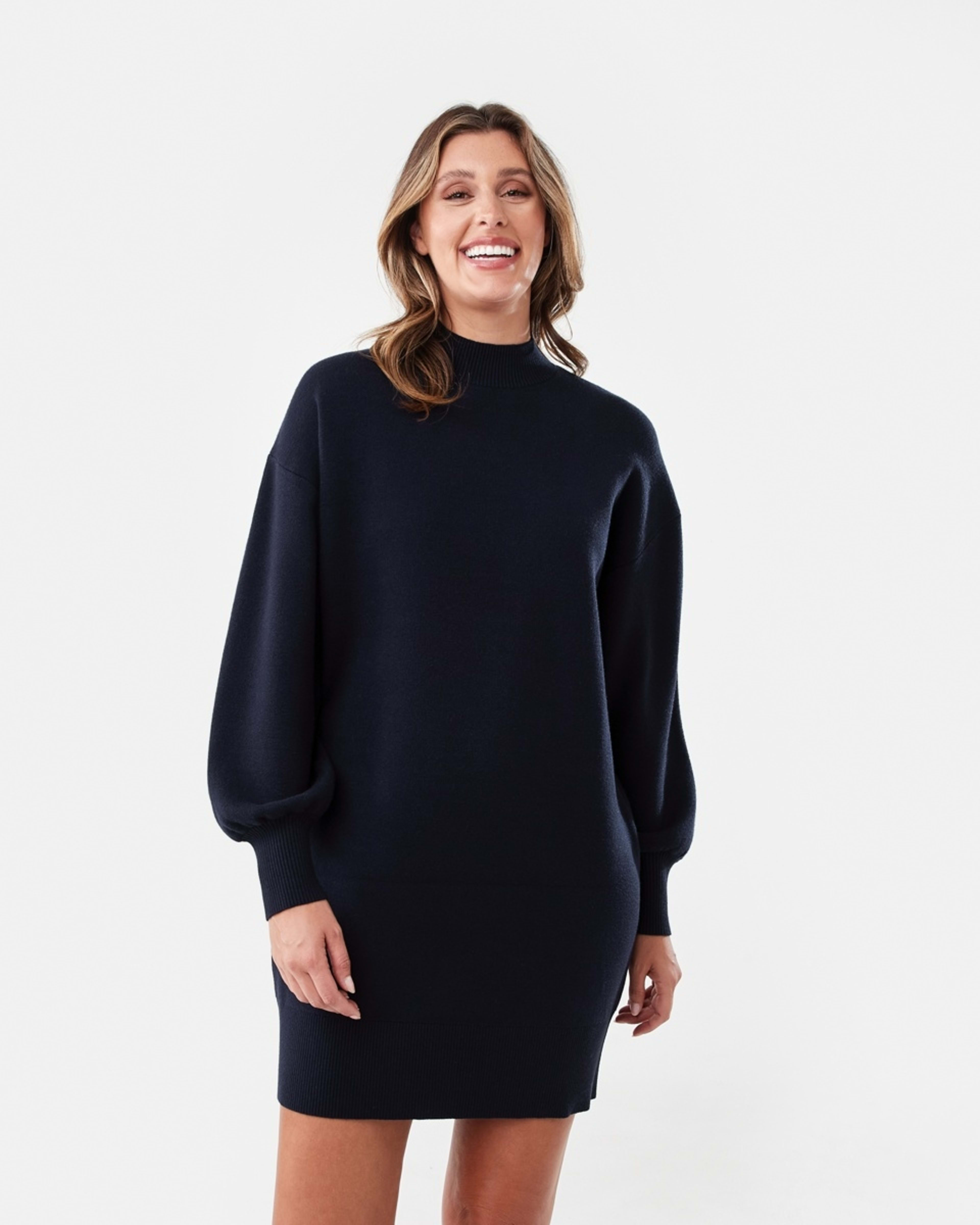 1 Long Sleeve Mock Neck True Knit Mini Dress Navy Blaze