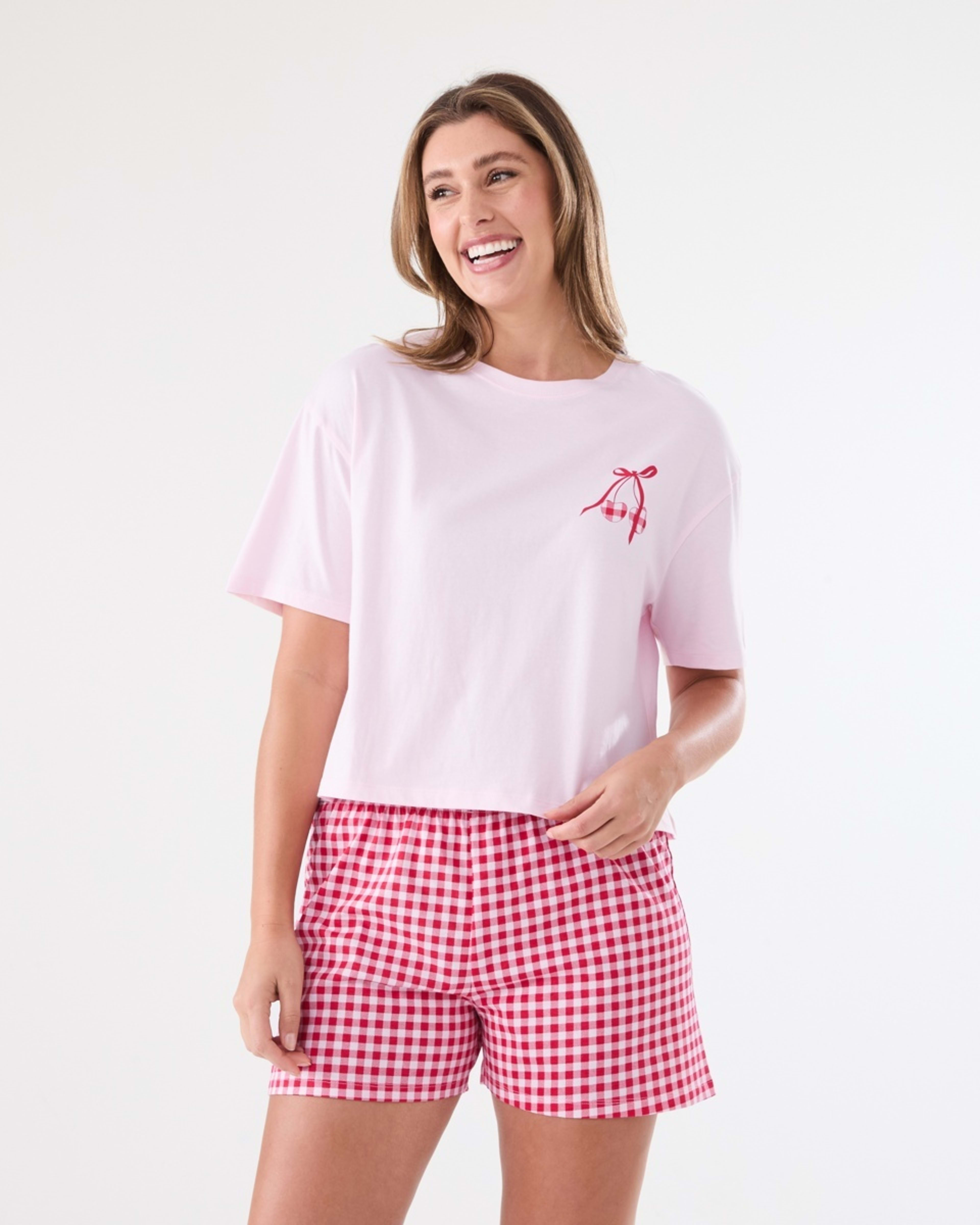 1 Knit T-shirt and Shorts Pyjama Set CHERRY GINGHAM CORDYLINE, 1 of 5