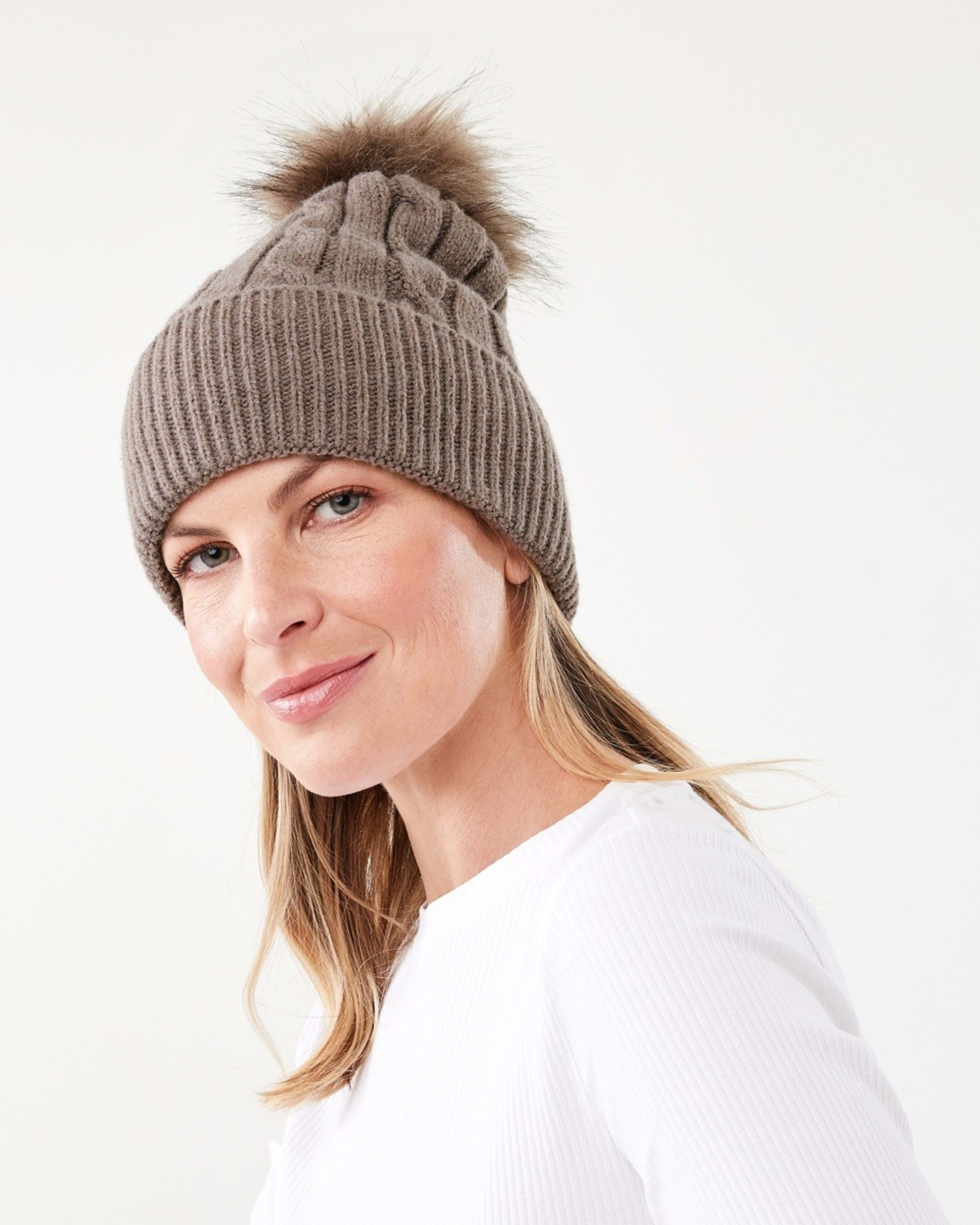 4 Cable Pom Pom Beanie Deep Taupe, 4 of 4