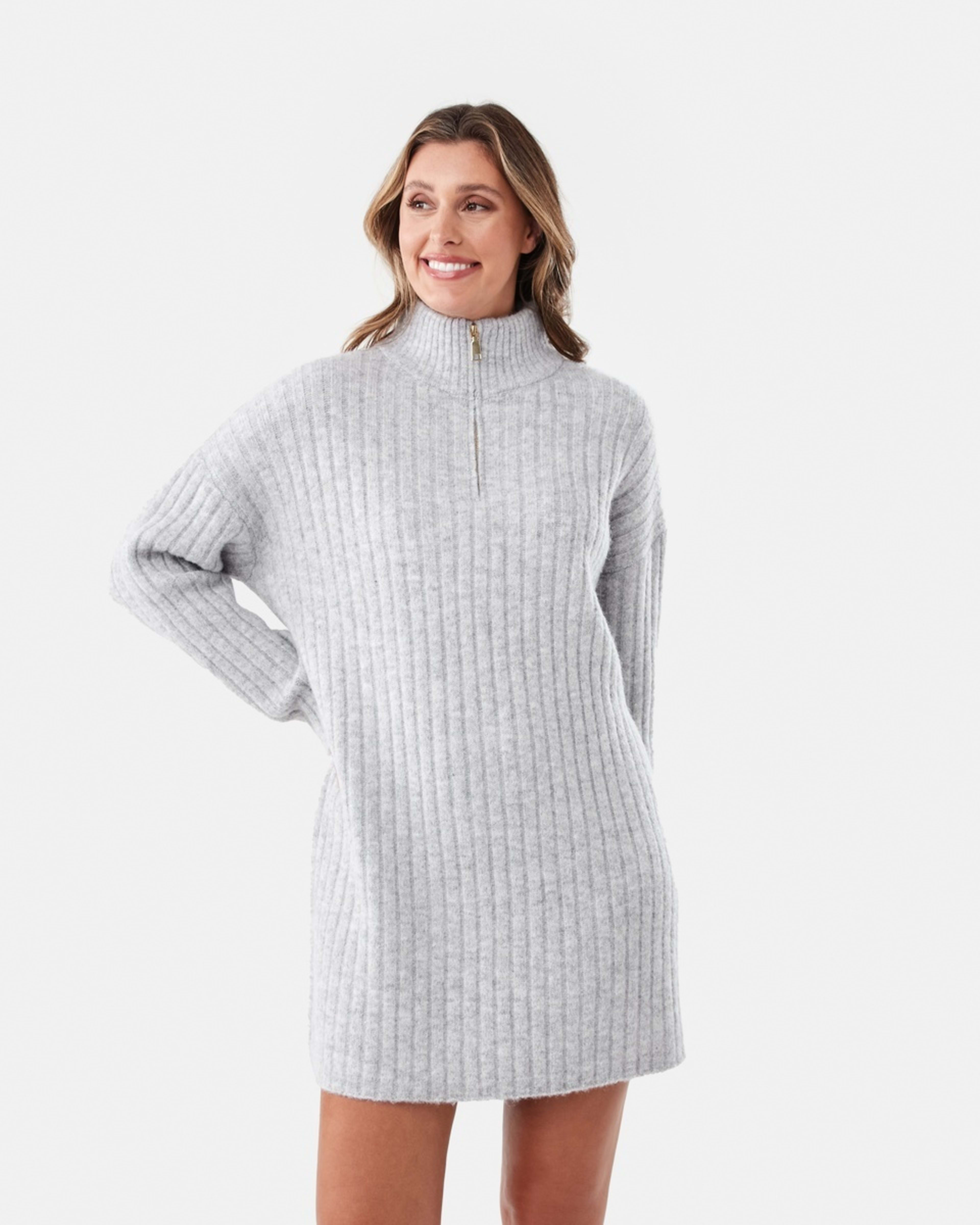 1 Long Sleeve Half Zip True Knit Mini Dress Grey Marle, 1 of 7
