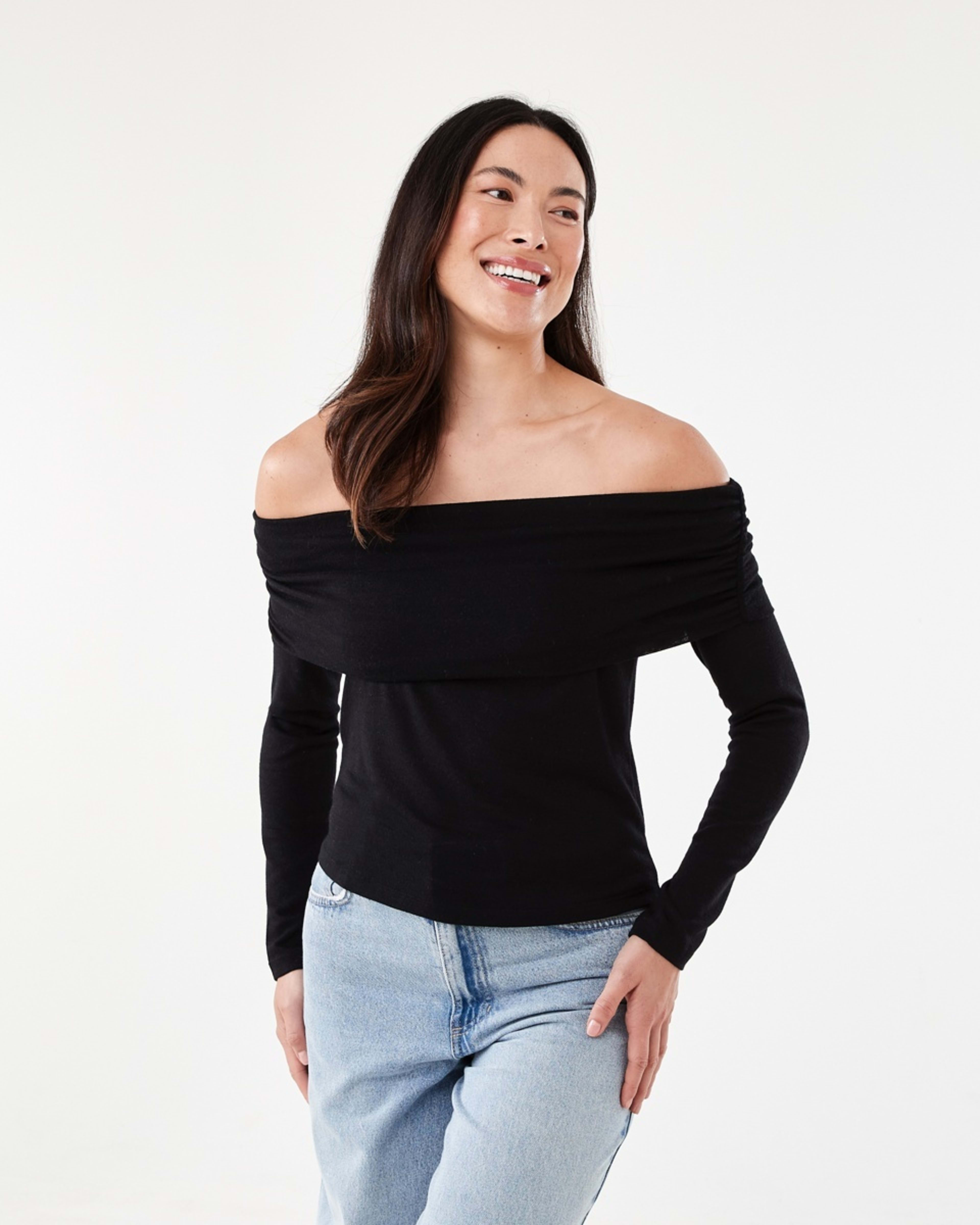 1 Long Sleeve Off Shoulder Top Black