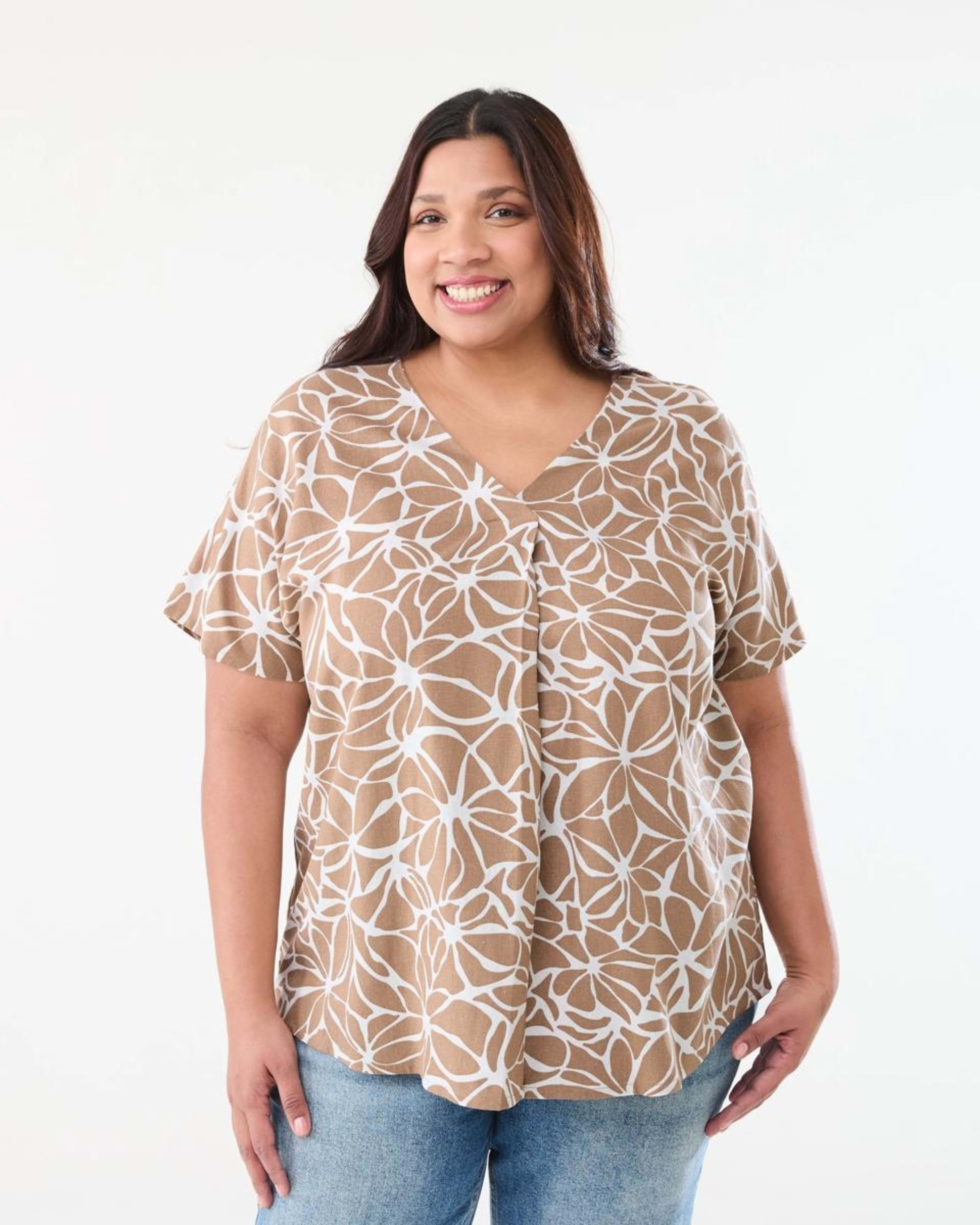 1 Curve Short Sleeve Woven Top BROKEN FLORAL DUNE BEIGE
