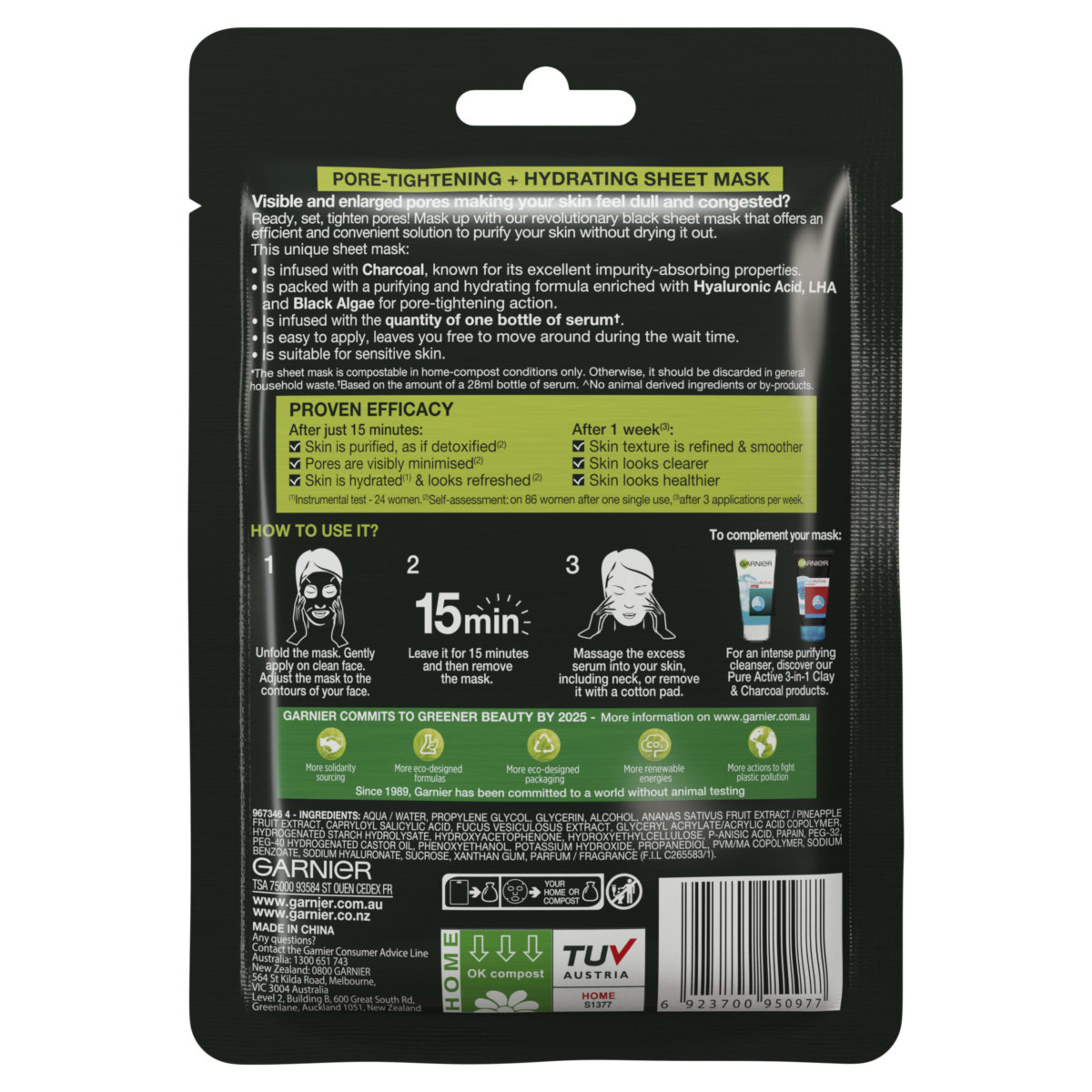 2 Garnier SkinActive Pure Charcoal Black Sheet Mask 28g - Black Algae, LHA & Hyaluronic Acid, 2 of 10