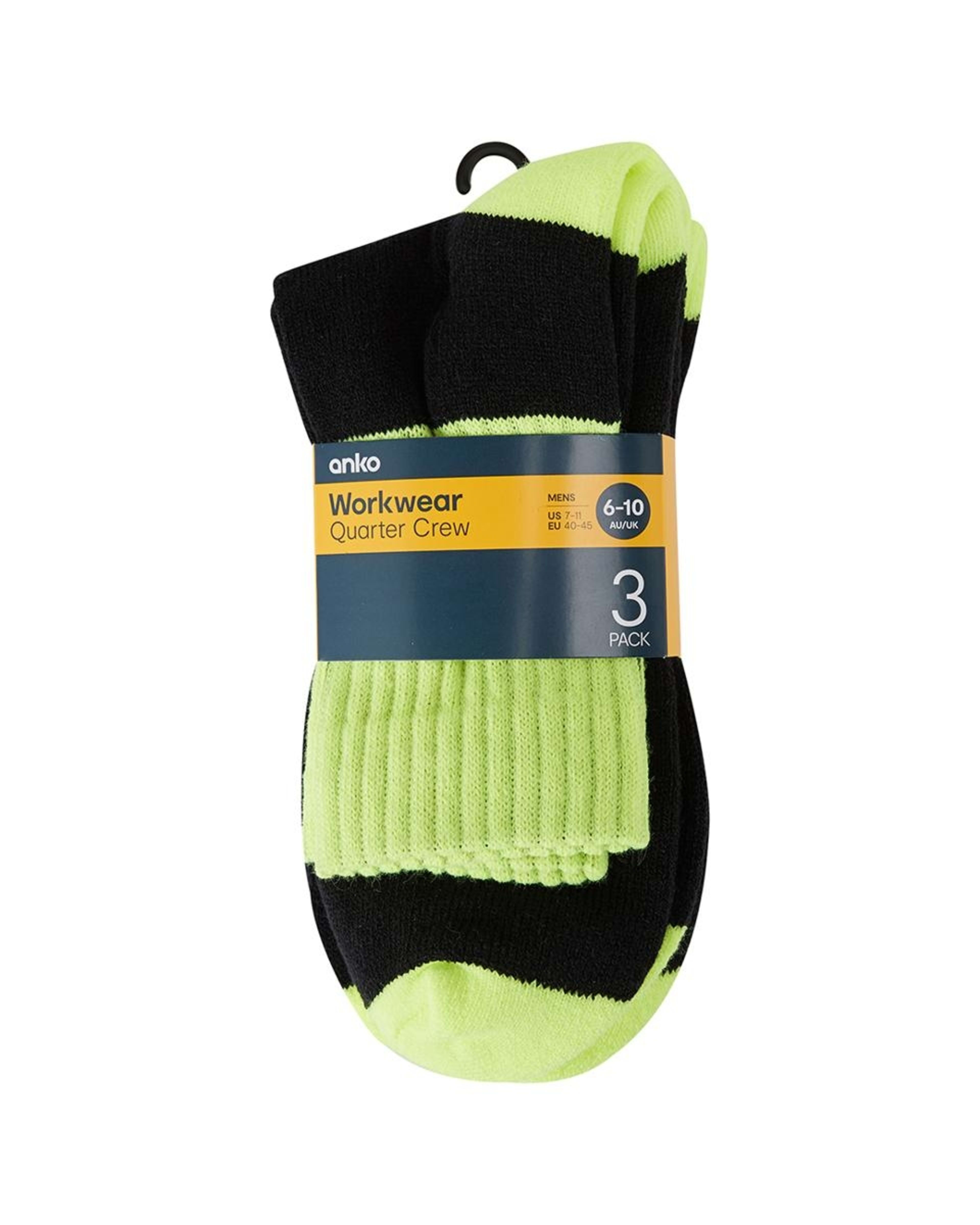 3 3 Pack Quarter Crew Work Socks BLACK YELLOW TOP, 3 of 3