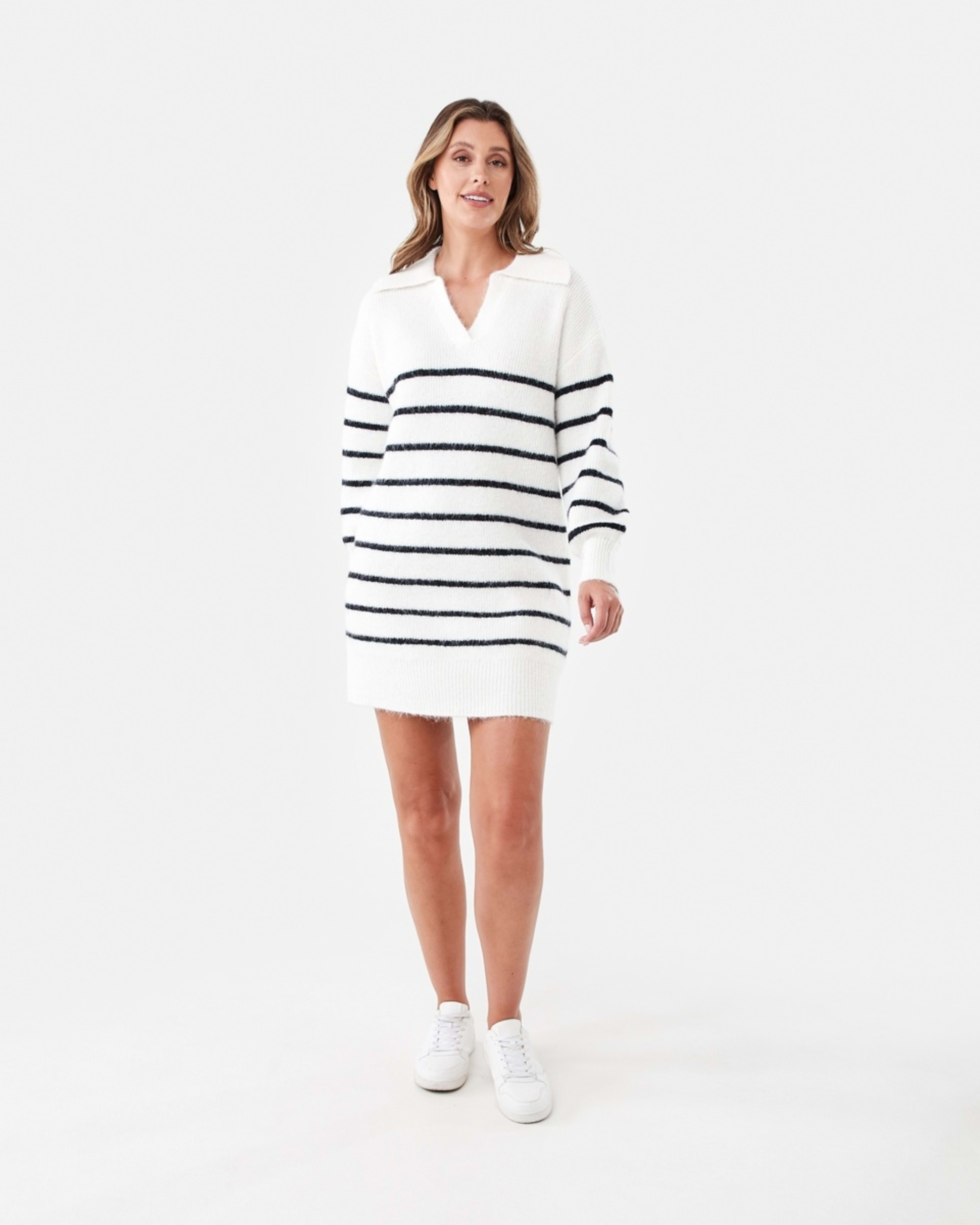 6 Long Sleeve Collared Knit Mini Dress Navy Strp, 6 of 6