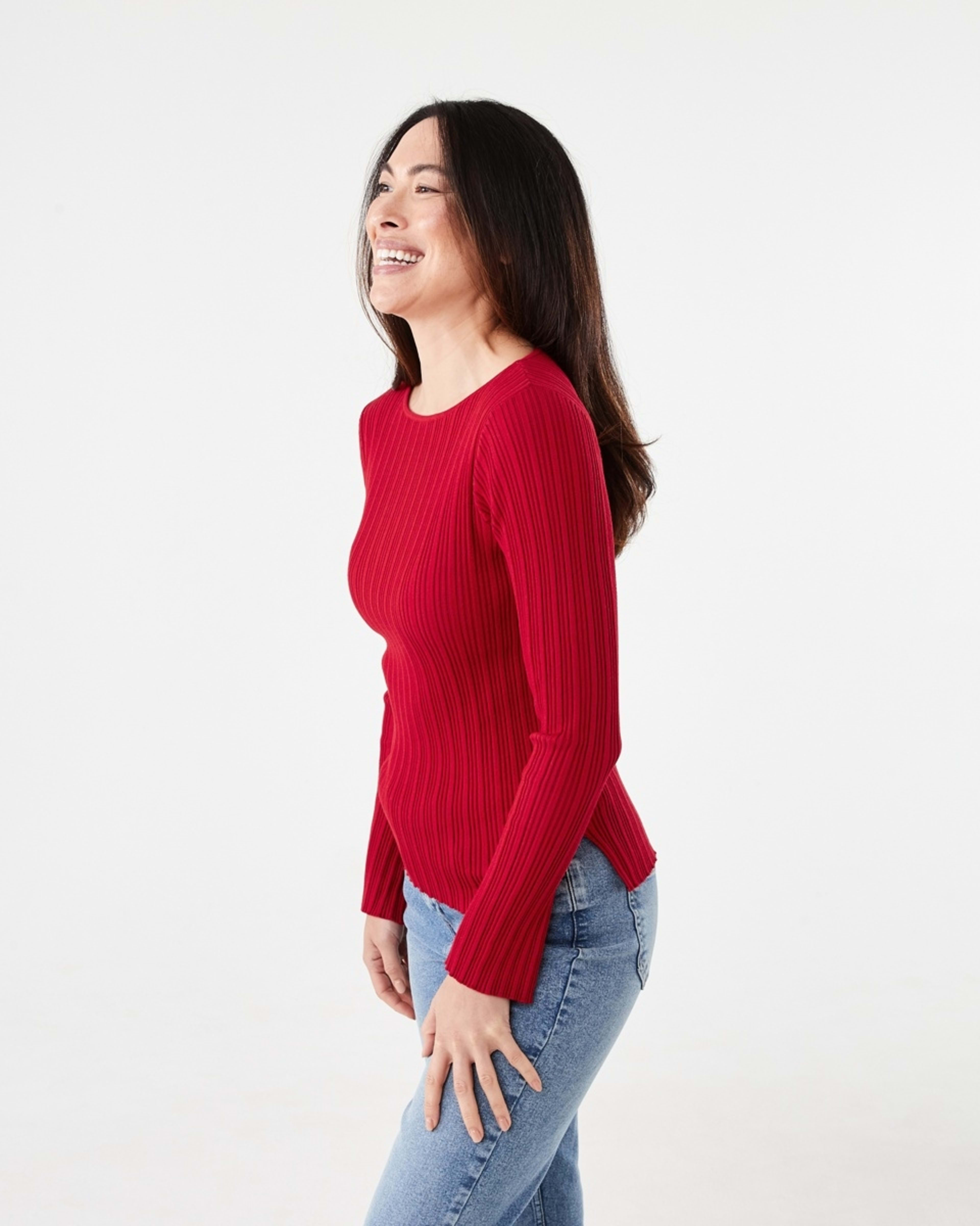 2 Long Sleeve Rib Boat Neck Top Cherry Red, 2 of 6