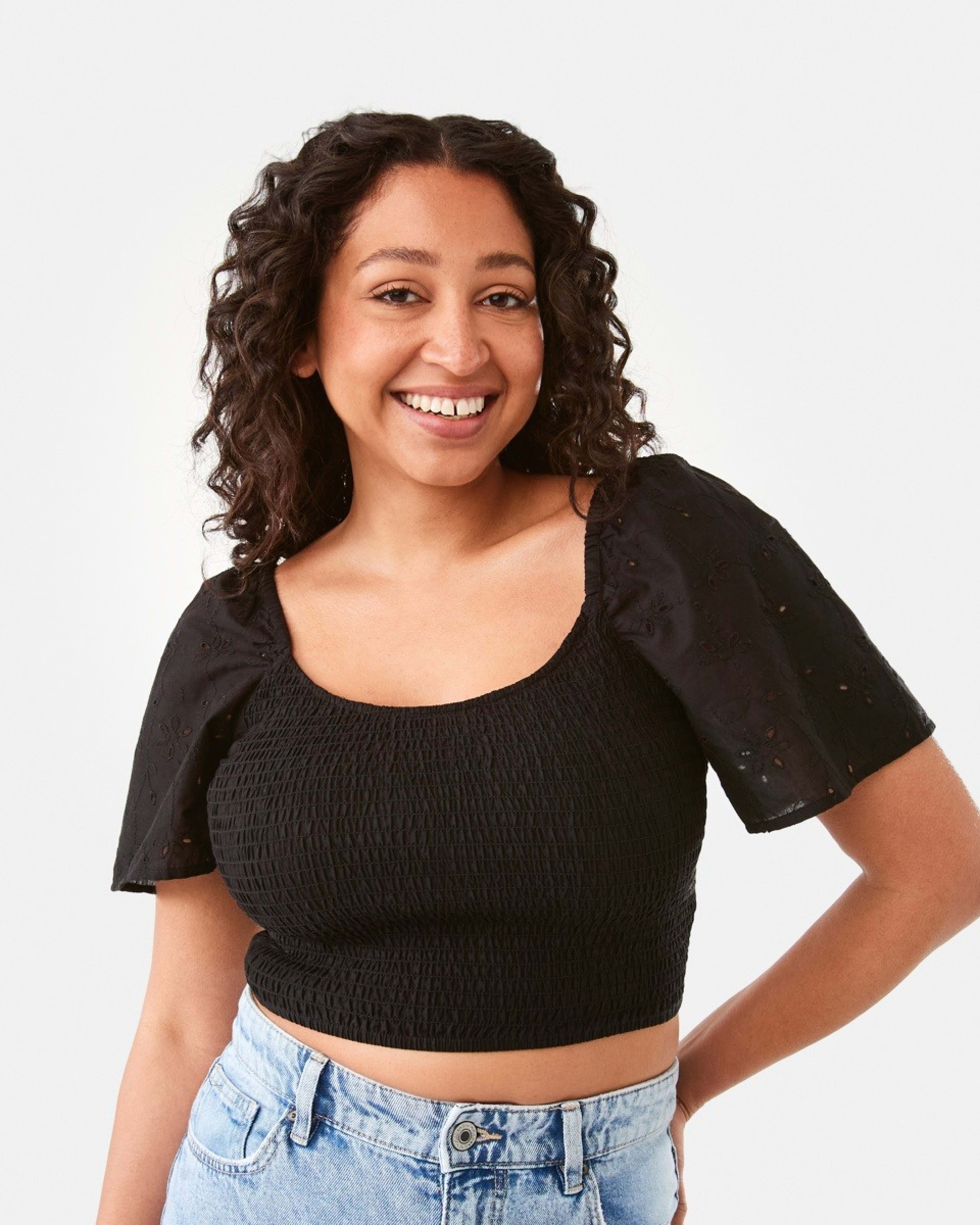 1 Short Sleeve Shirred Broderie Top Black, 1 of 6