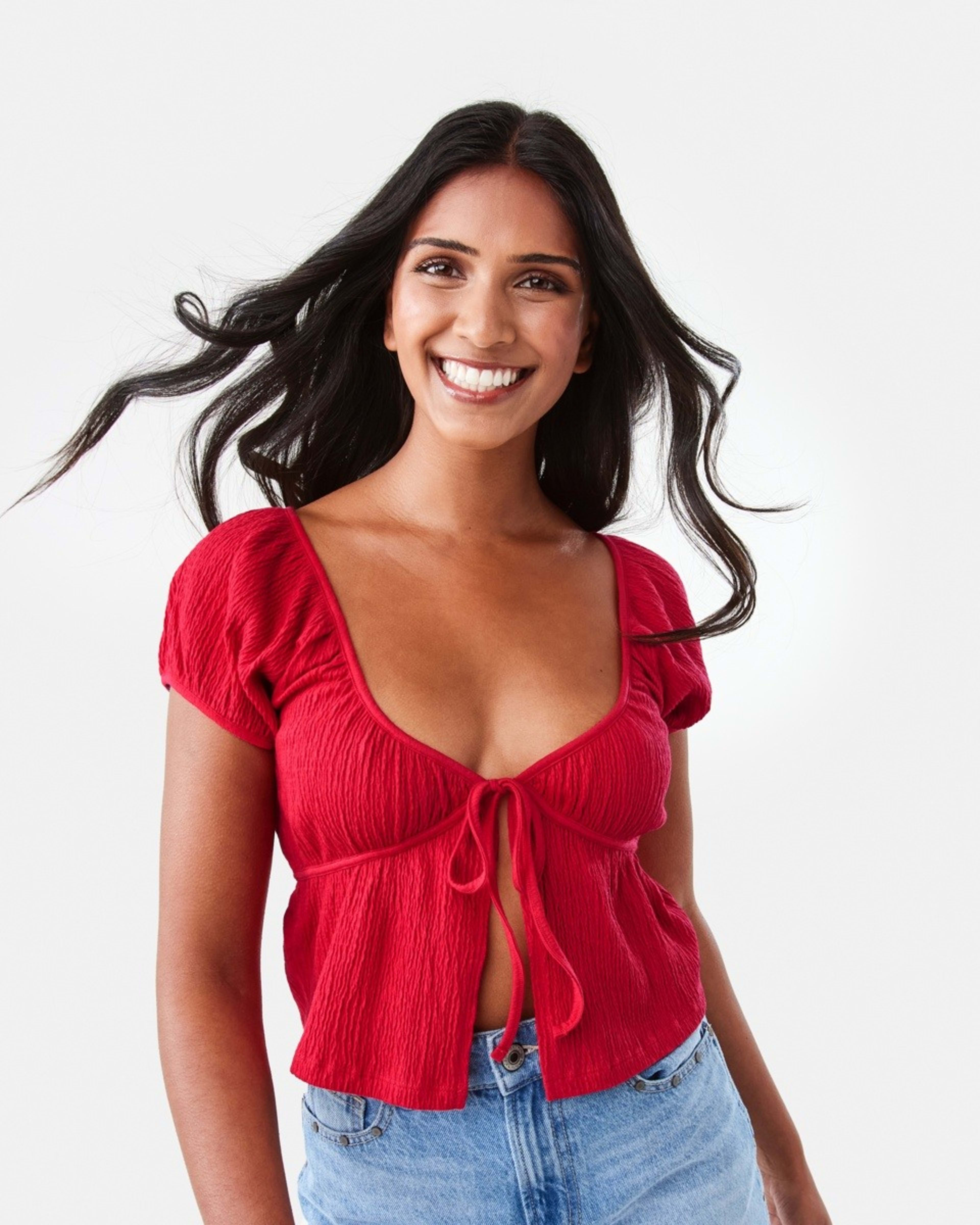 1 Short Sleeve Textured Tie Front Top Strawberry