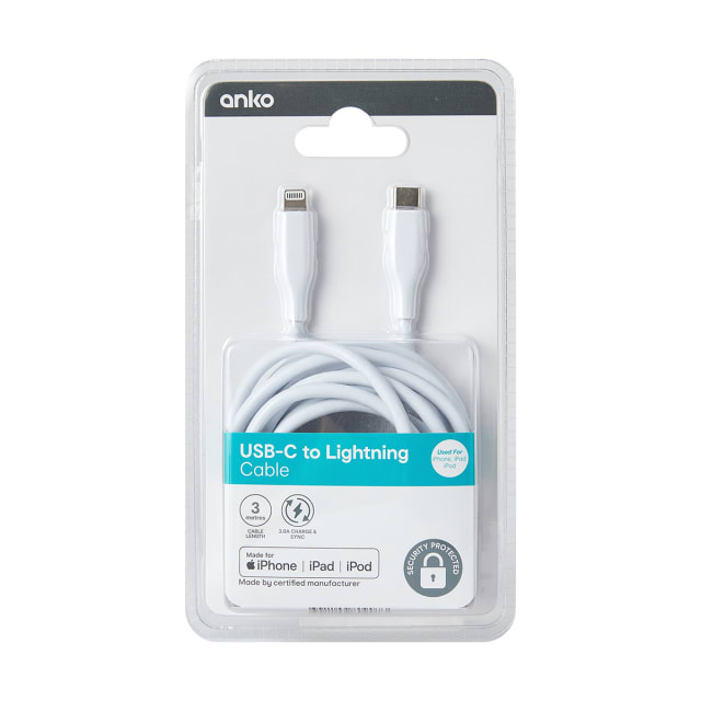 USBC Lightning Cable 3m, White Kmart NZ