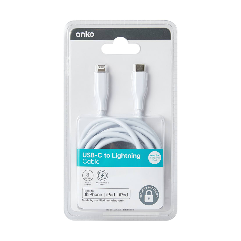 USBC Lightning Cable 3m, White Kmart