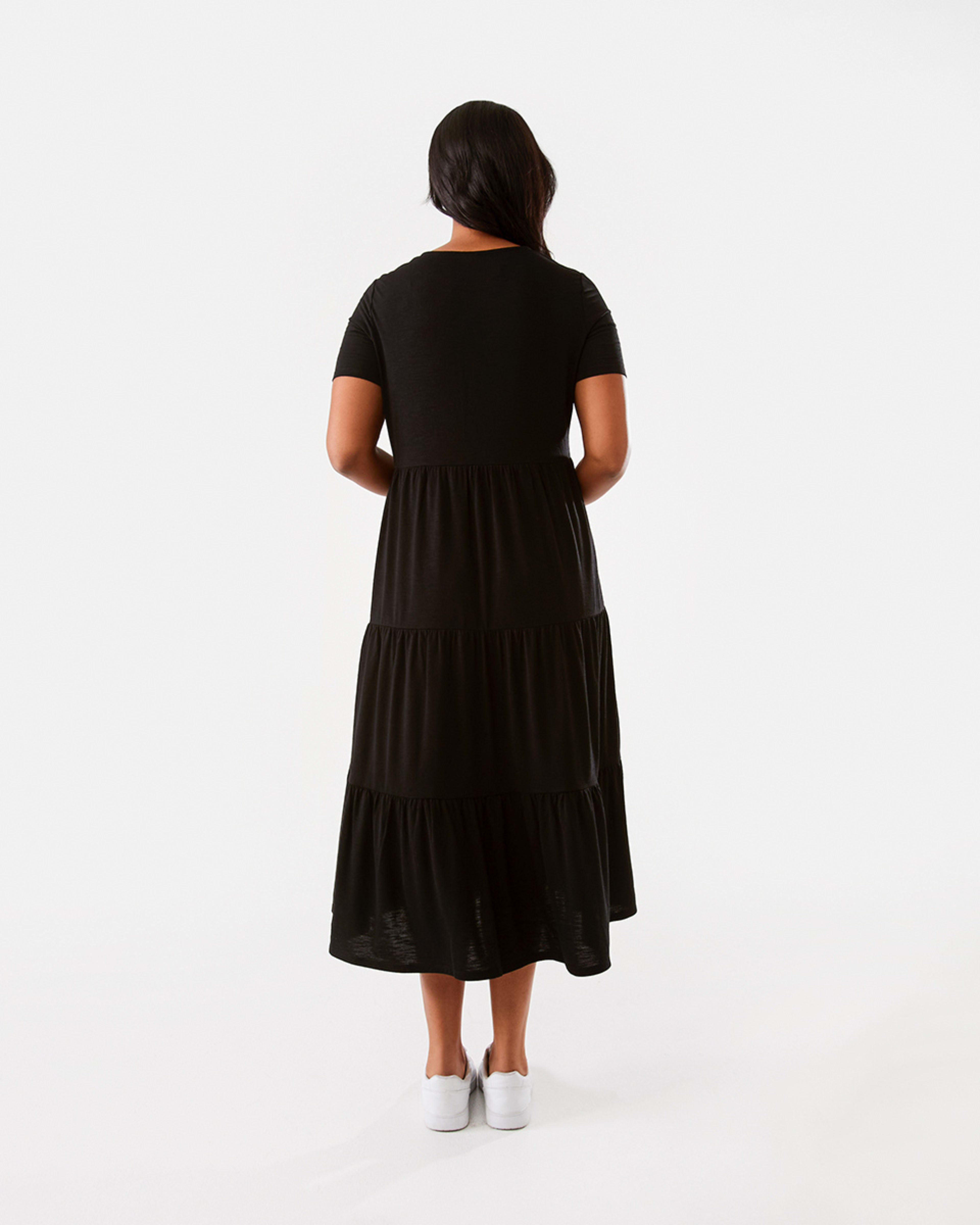 3 Short Sleeve Tiered Jersey Midi Dress Black, 3 of 6