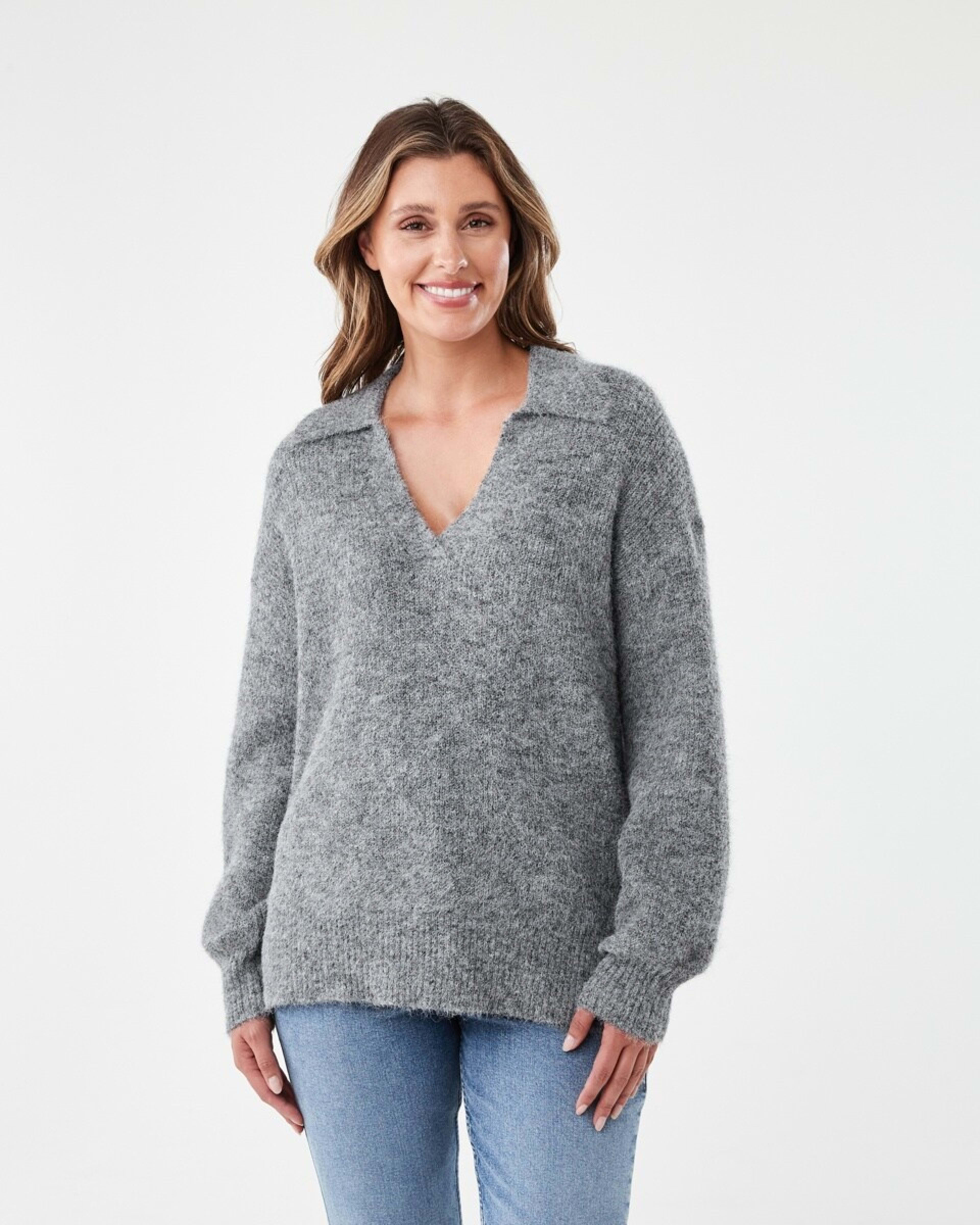 1 Fluffy Knit Polo Jumper Gry Chmrle