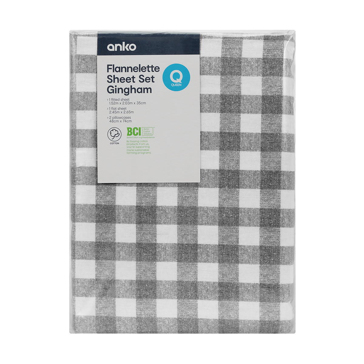 Gingham Flannelette Cotton Sheet Set Queen Bed, Grey Kmart
