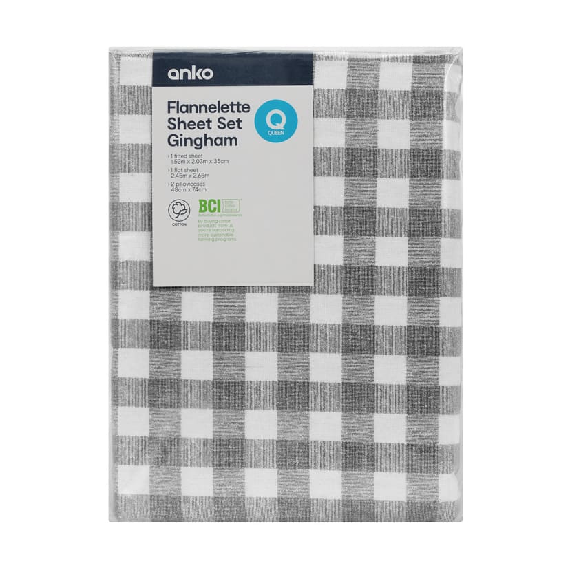 Gingham Flannelette Cotton Sheet Set Queen Bed, Grey Kmart