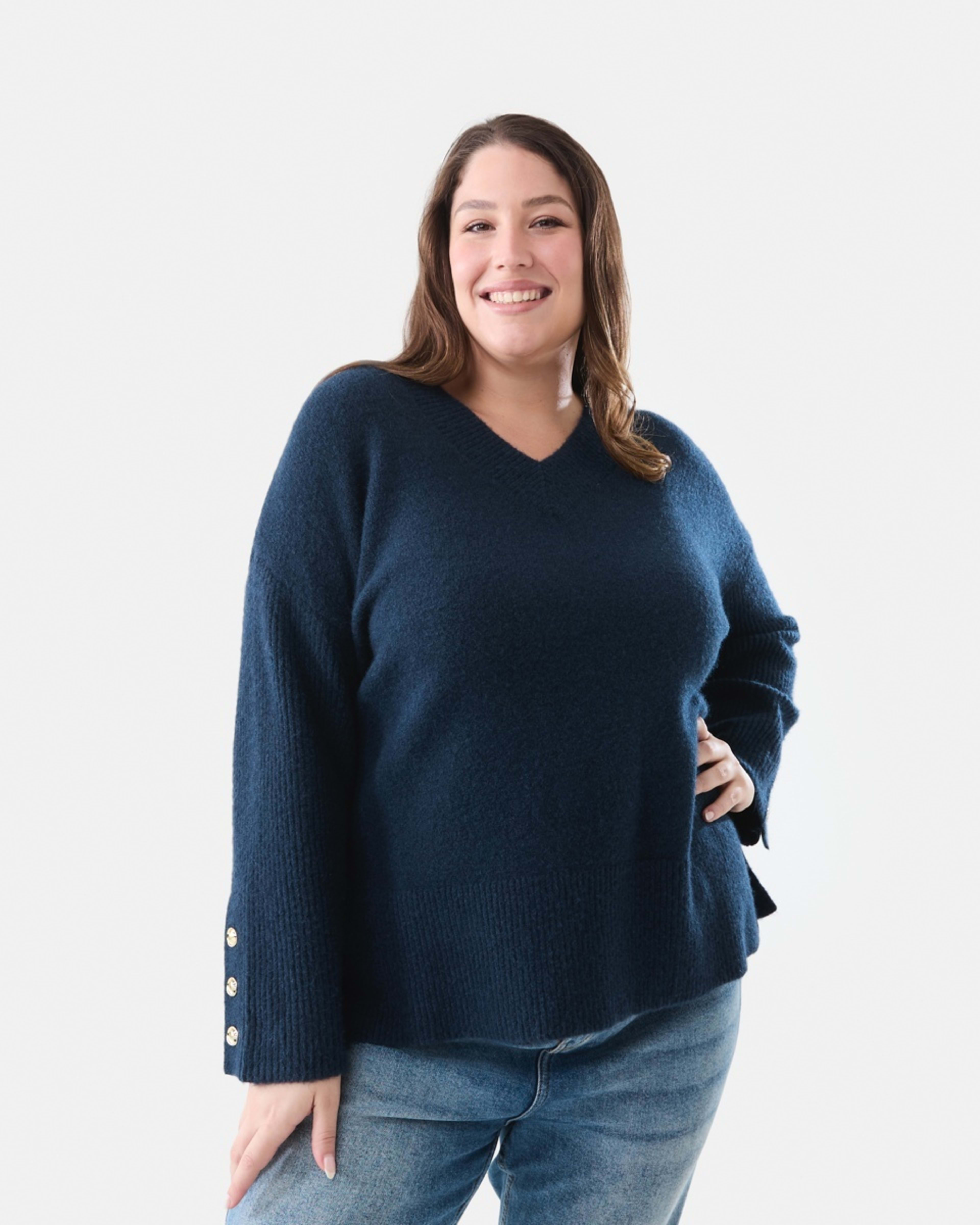1 Curve Button Detail V-Neck Jumper Navy Blazer