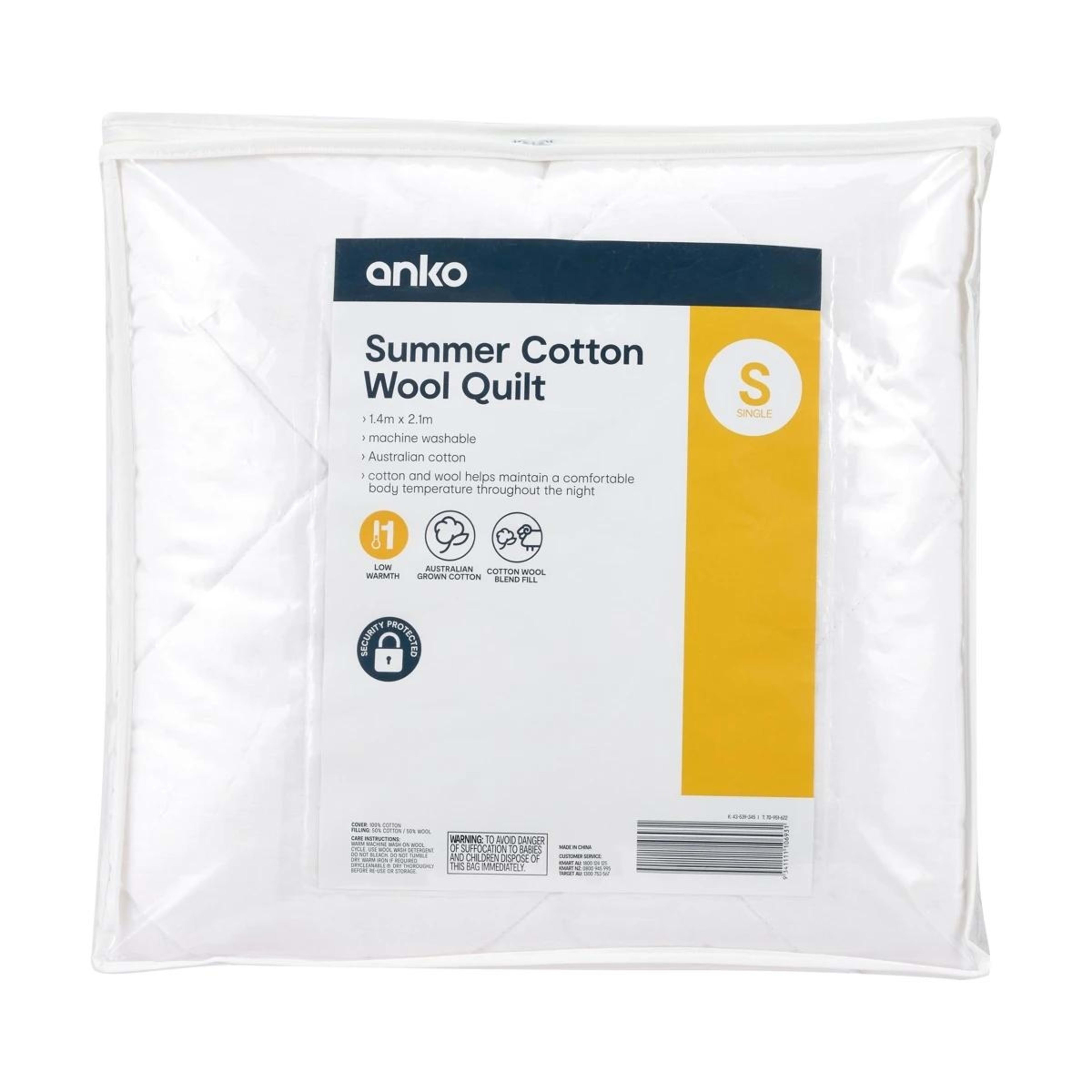 1 Low Warmth Summer Cotton Wool Quilt - Single Bed, White